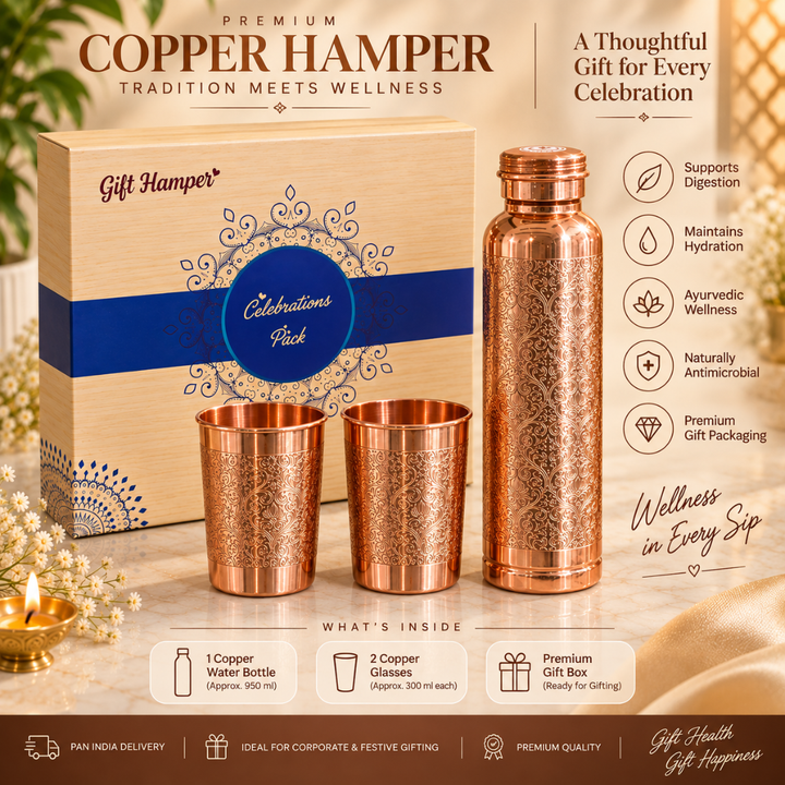 Traditional Floral Engraved Artwork Pure Copper Water Bottle with 2 Glasses
