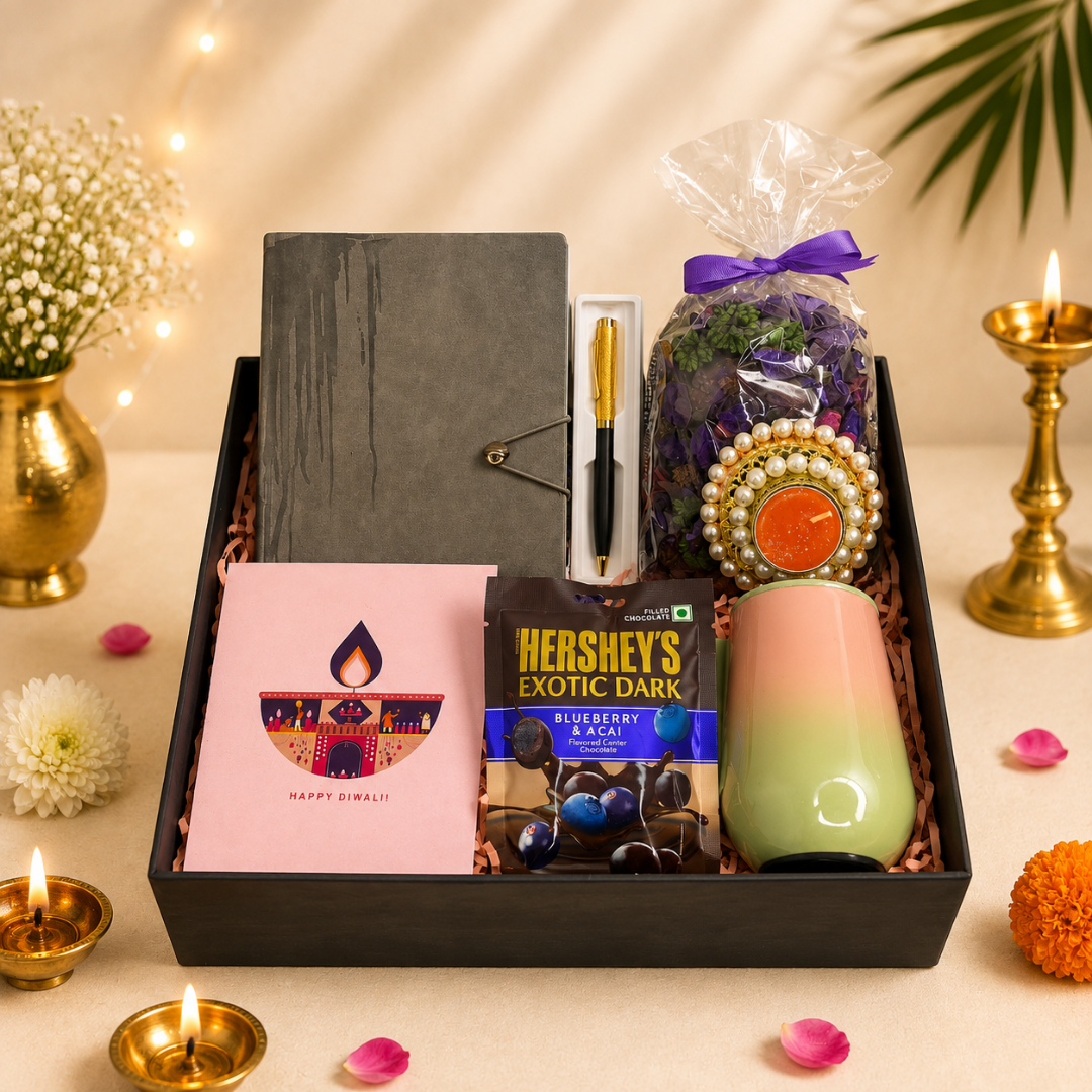 Diwali Gift Hamper - Decorative Diya, Diwali Card, Diary, Pen, Potpourri, Mug with Lid, Dark Chocolate Pack