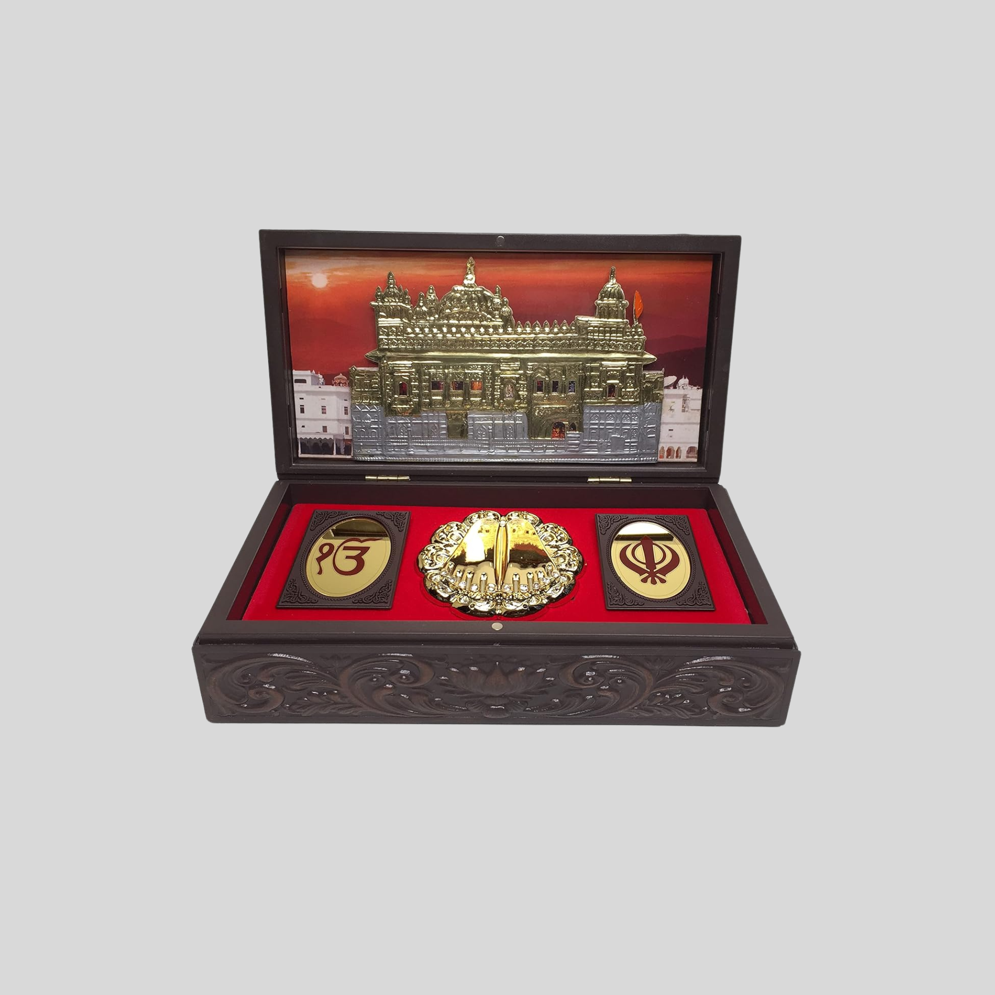 Gold Plated Satnam Shree Waheguru Godlen Temple Figurine in Decorative Box with Chandan Fragrance