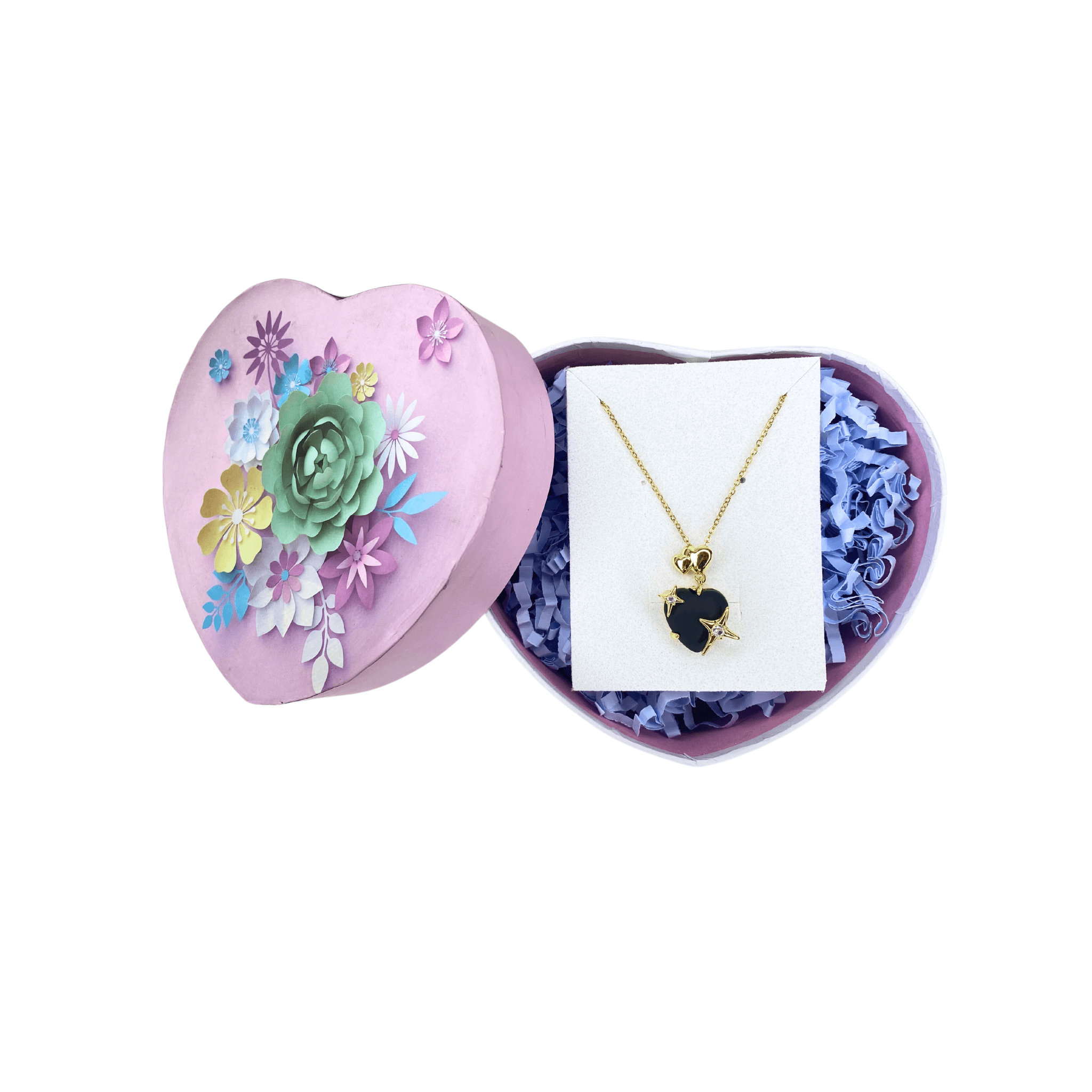 Black Heart Shaped Pendant with Golden Detailing & Golden Anti-Tarnish Chain in a Heart-Shaped Gift Box