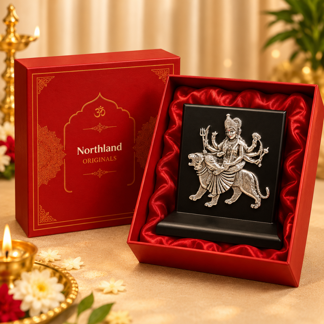 99 Silver Plated Durga Mata Idol with MDF Base in Gift Box, 4 x 4 Inches