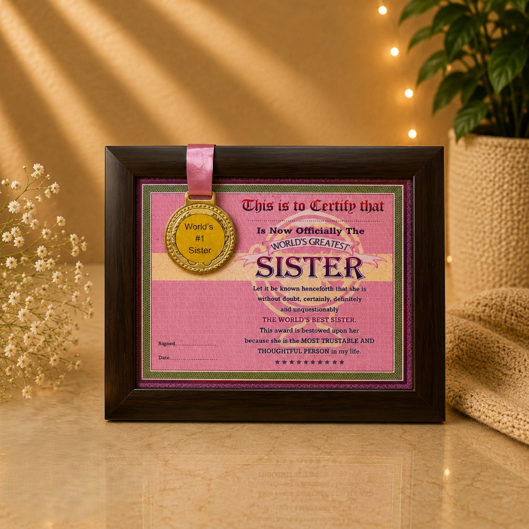 The World's Best Sister Framed Certificate with World's #1 Sister Gold Medal- Unique Gifts for Sister