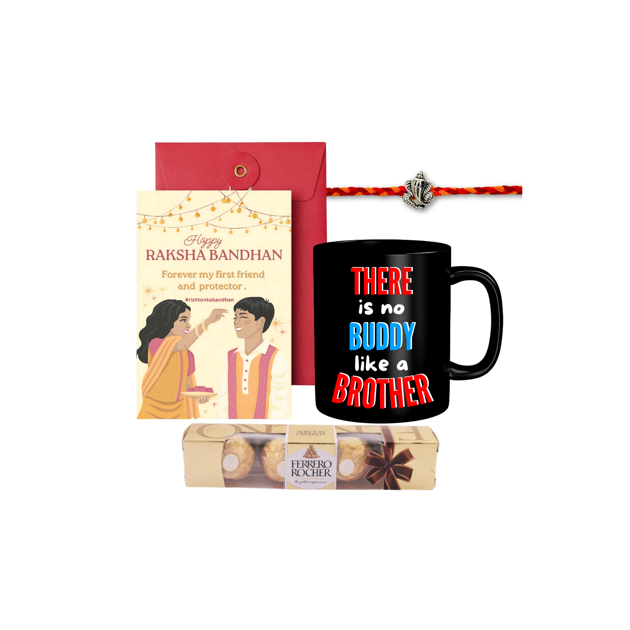 Rakshabandhan Gift Combo for Brother with Ganesha Silver Rakhi, Greeting Card, Coffee Mug, Raksha Bandan Gifts Combo for Brother