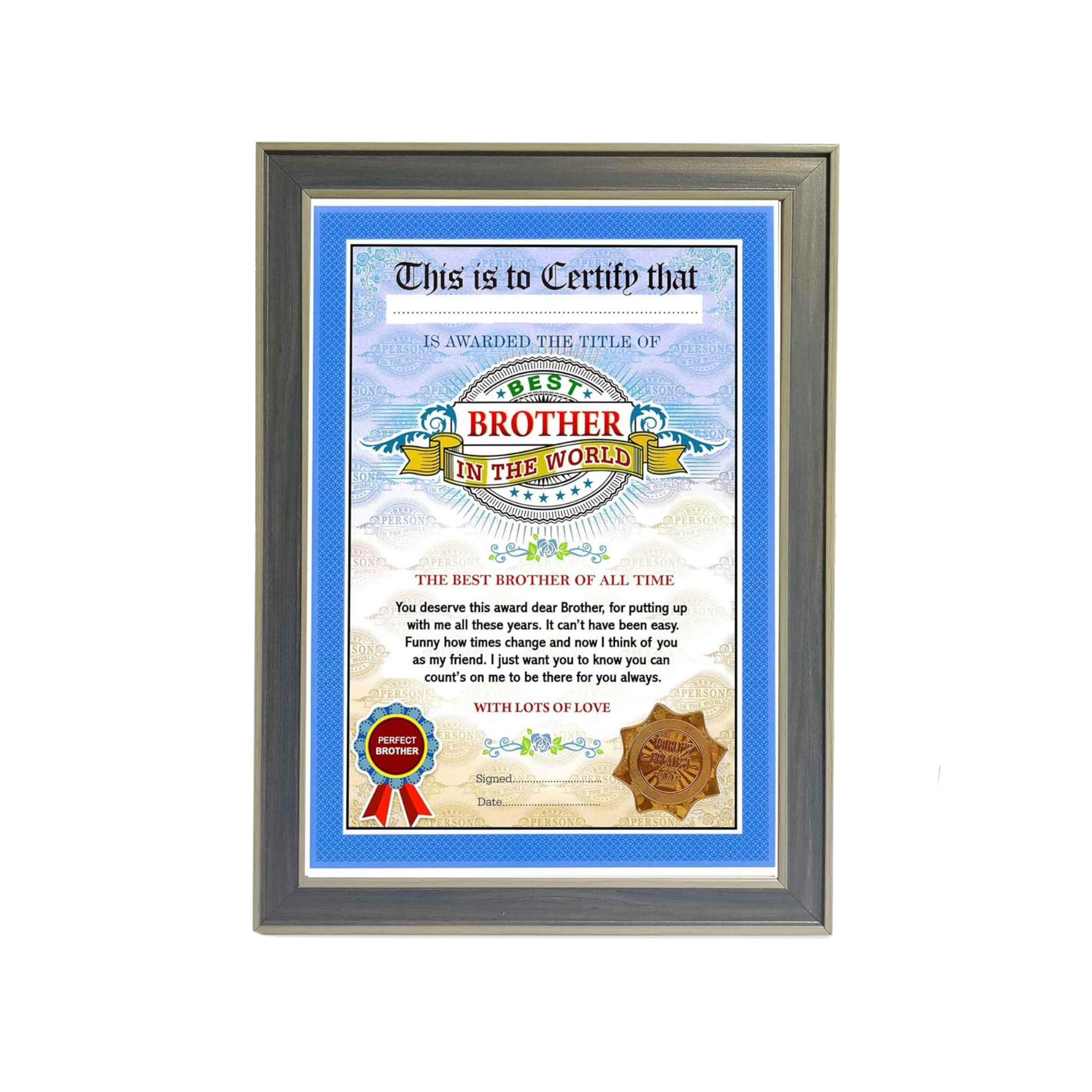 The World's Best Brother Framed Certificate for Brother - Unique Gifts for Brother