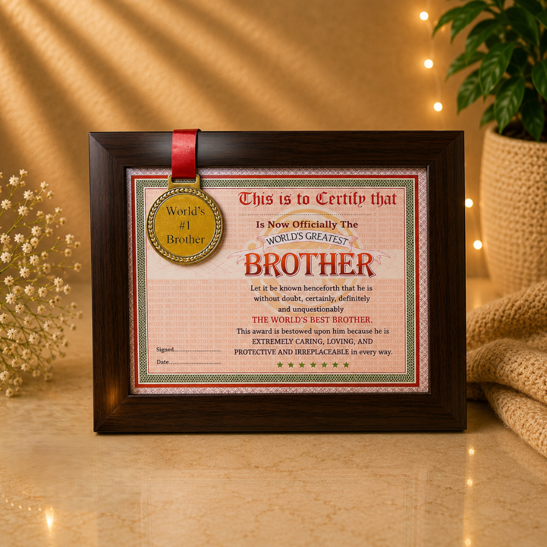 The World'S Best Brother Framed Certificate With World'S #1 Brother Gold Medal- Unique Gifts For Brother, Raksha Bandhan