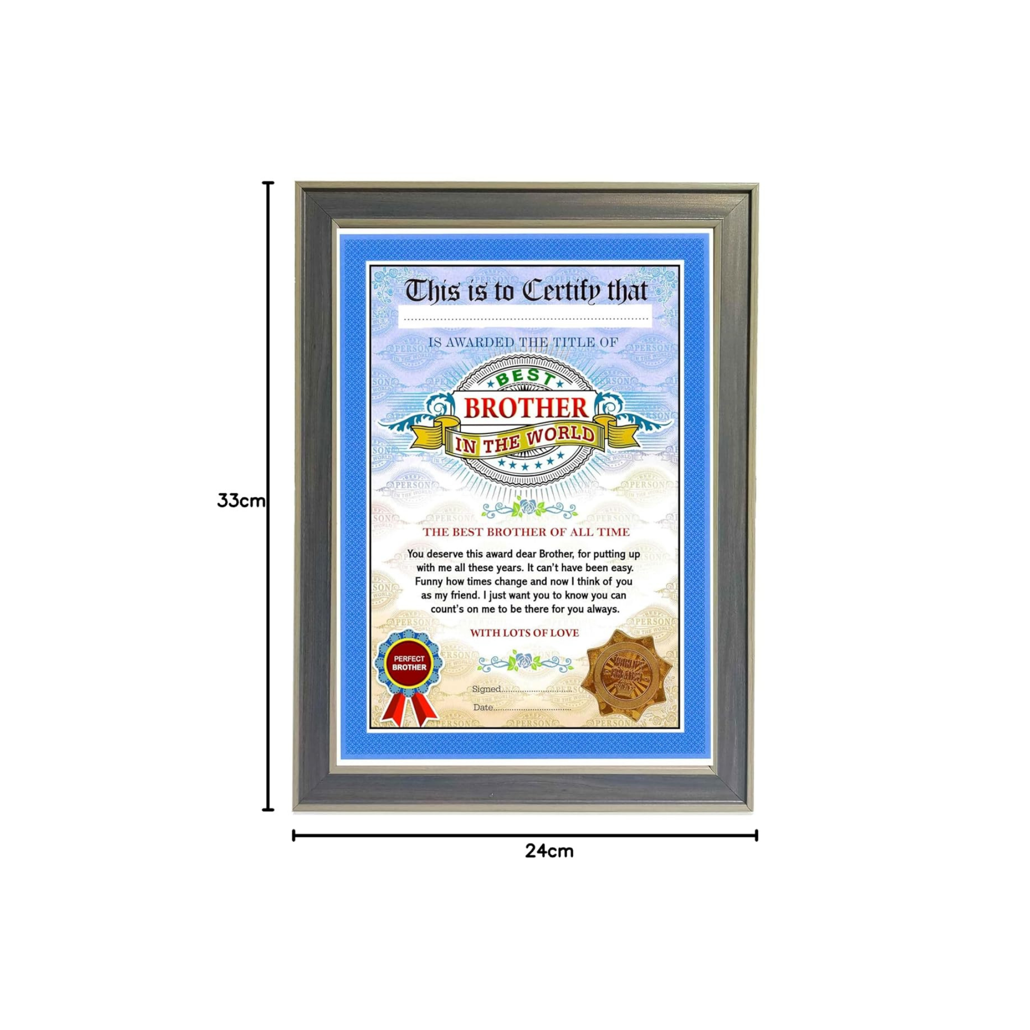 The World's Best Brother Framed Certificate for Brother - Unique Gifts for Brother