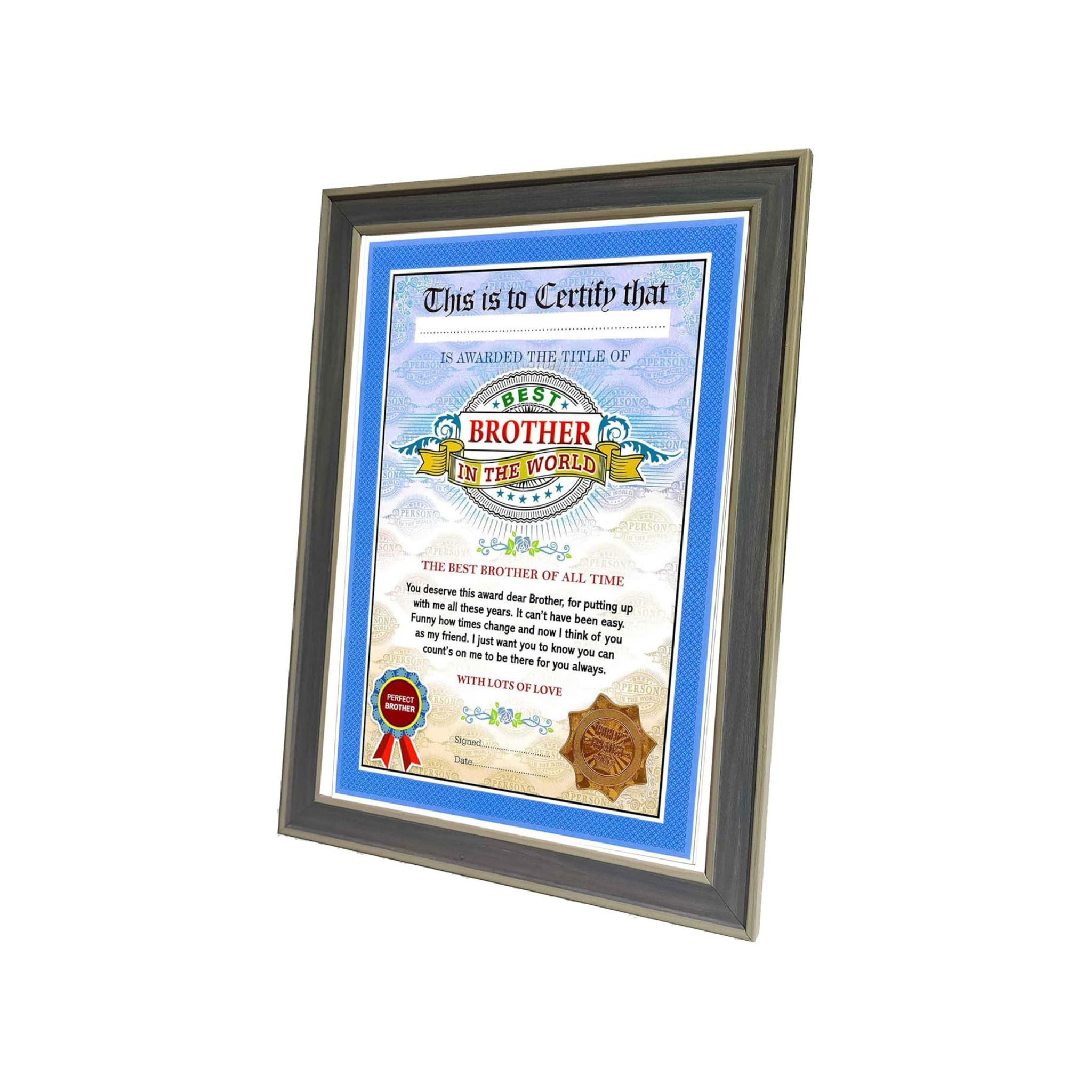 The World's Best Brother Framed Certificate for Brother - Unique Gifts for Brother