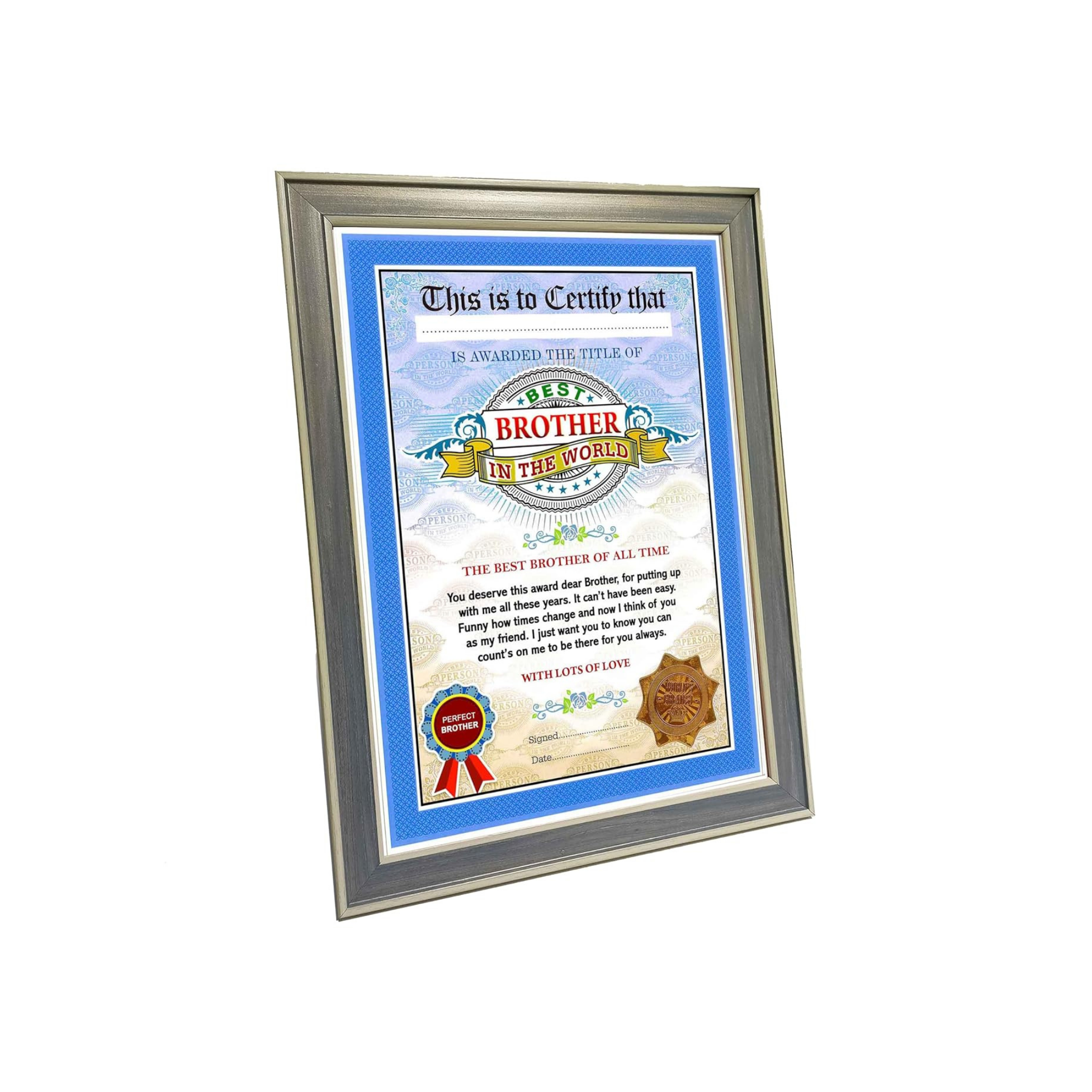 The World's Best Brother Framed Certificate for Brother - Unique Gifts for Brother