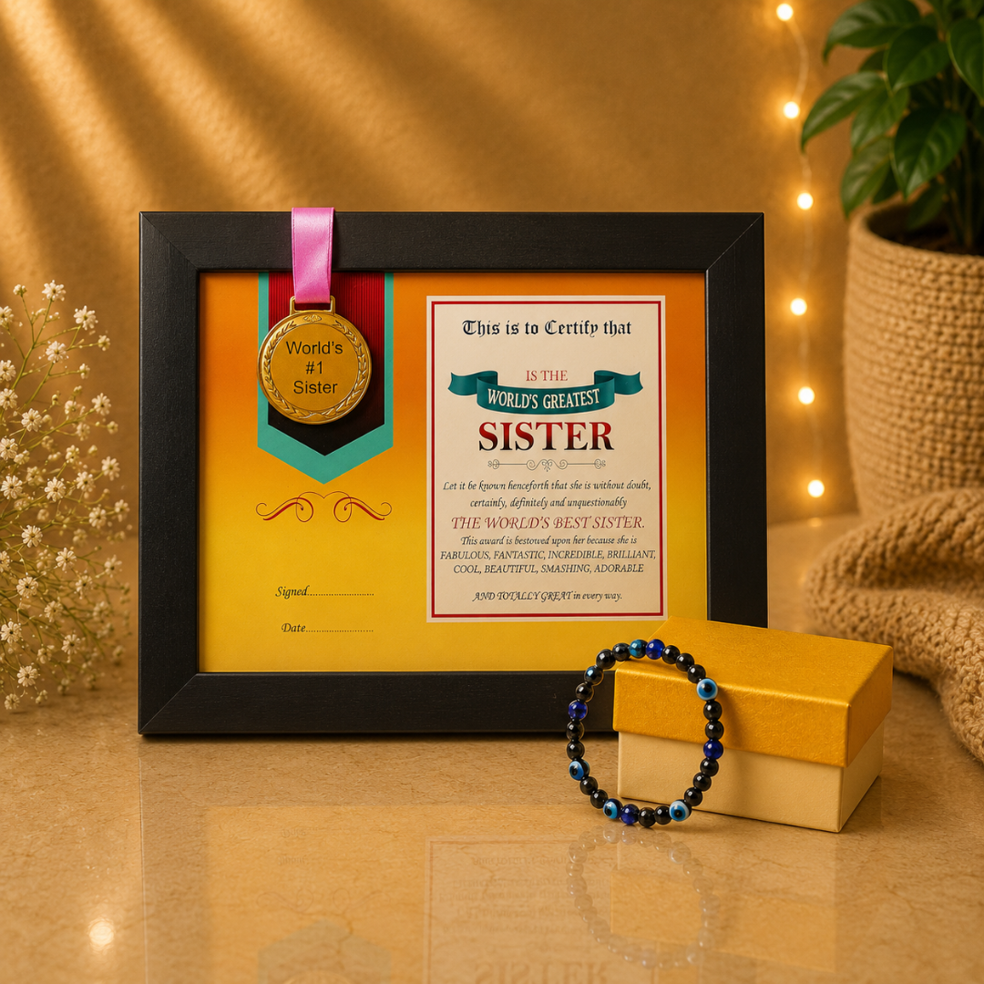 Evil Eye Bracelet, World's Best Sister Framed Certificate with Medal