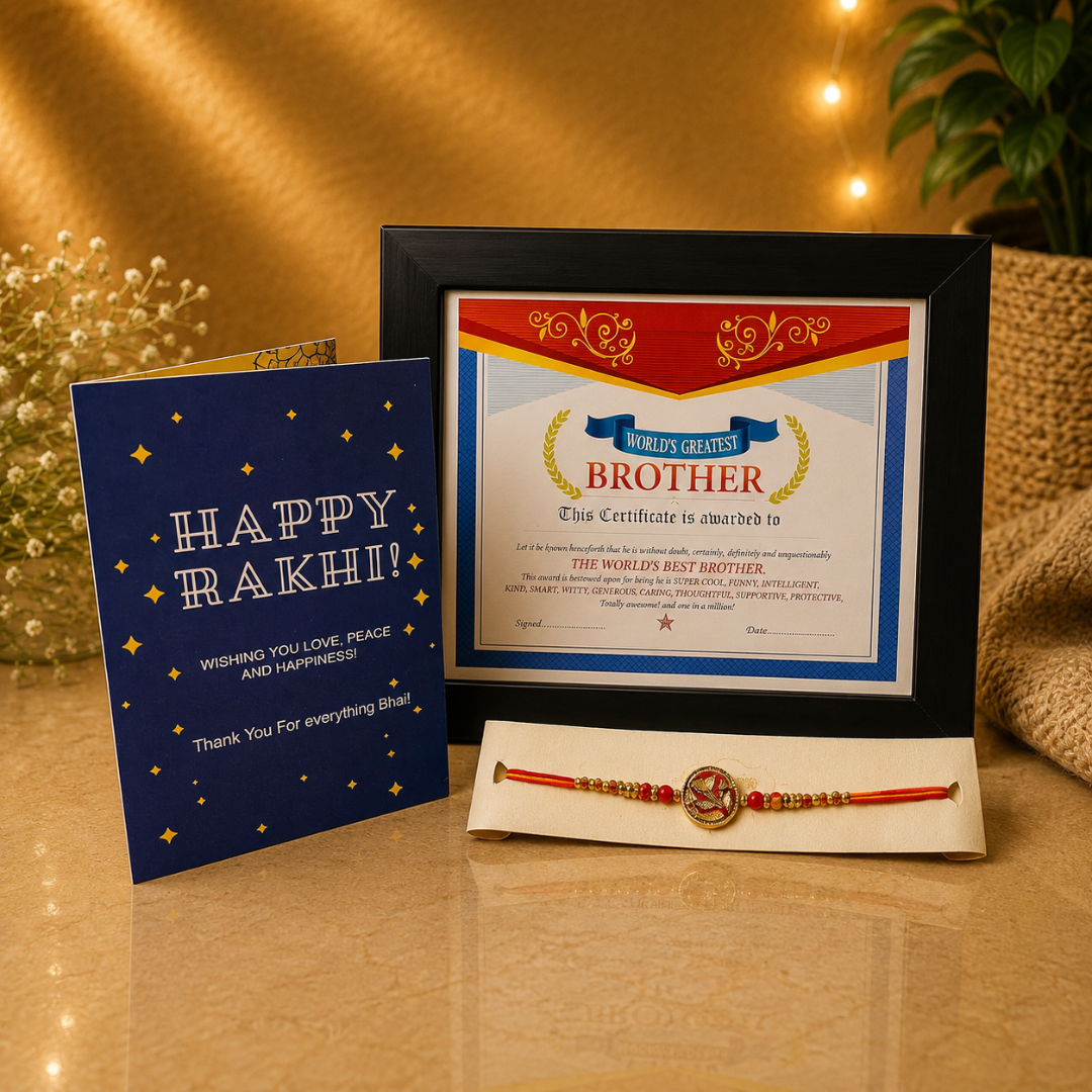 Rakhi Gift Combo Includes Brother Framed Certificate with Medal , Greeting and Rakhi