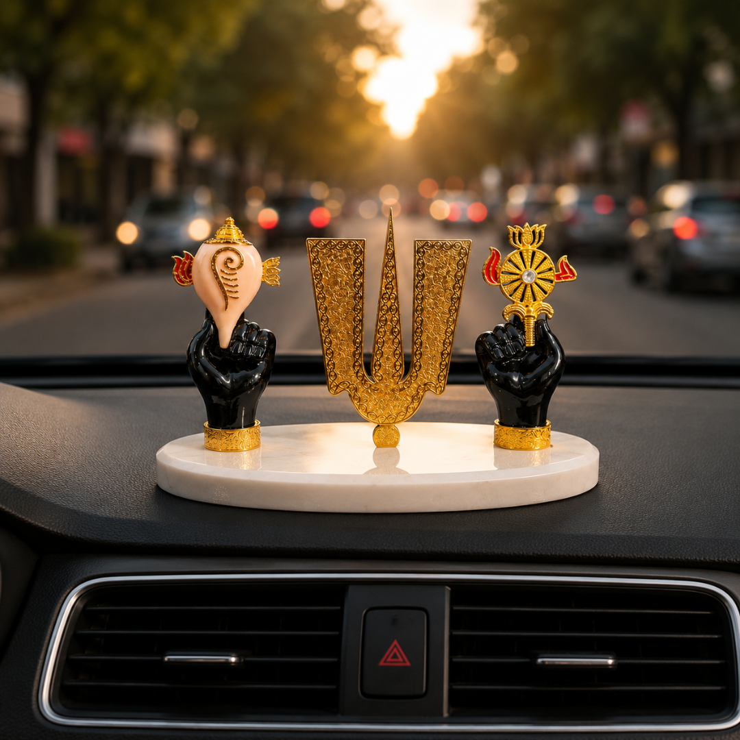 Tirupati Balaji Tilak Idol with Shankha & Chakra Hands on Premium Stone Base for Car Dashboard | Decorative Spiritual Showpiece for Home, Office & Diwali Gift | Resin, Black & Gold, 7 Inch Base
