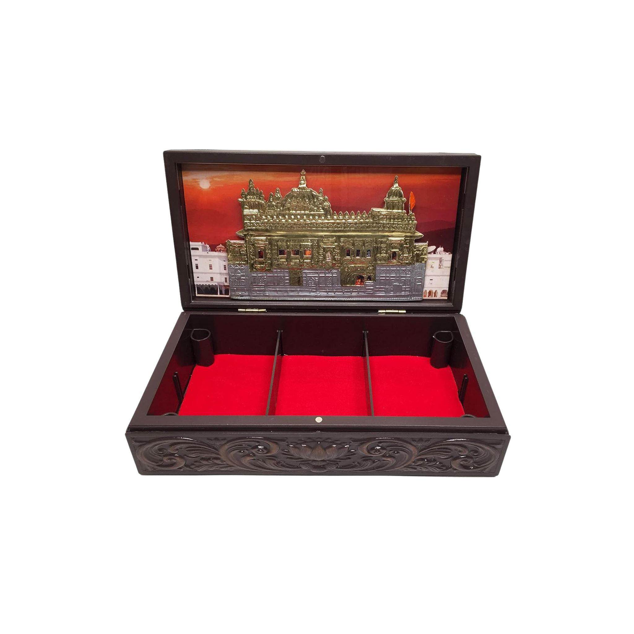 Gold Plated Satnam Shree Waheguru Godlen Temple Figurine in Decorative Box with Chandan Fragrance