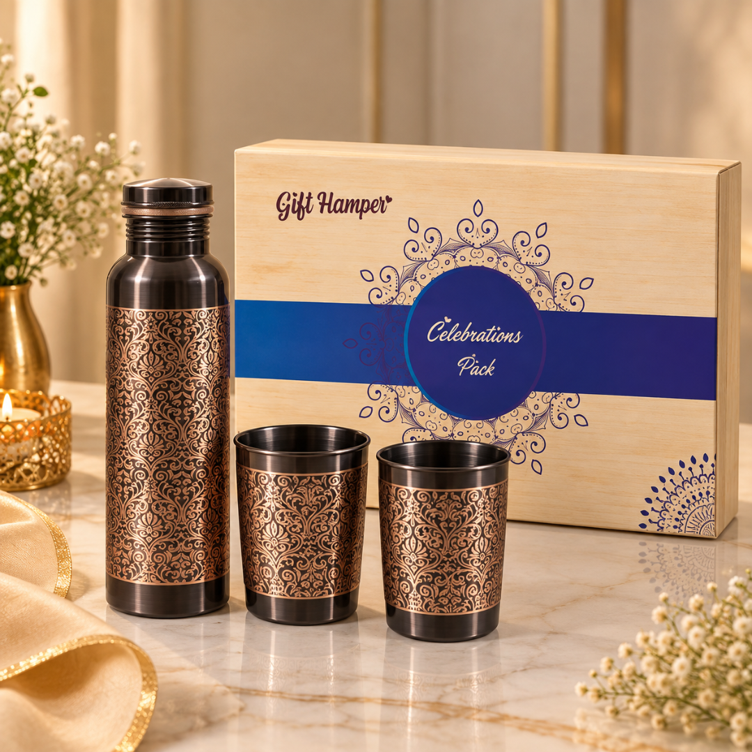 Intricate Traditional Floral Damask Design Pure Copper Water Bottle with 2 Glasses