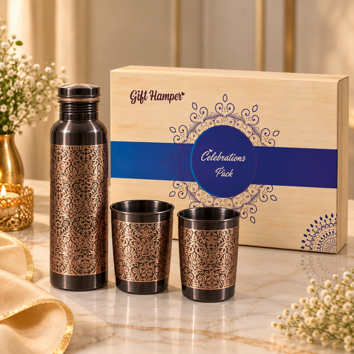 Intricate Traditional Floral Damask Design Pure Copper Water Bottle with 2 Glasses