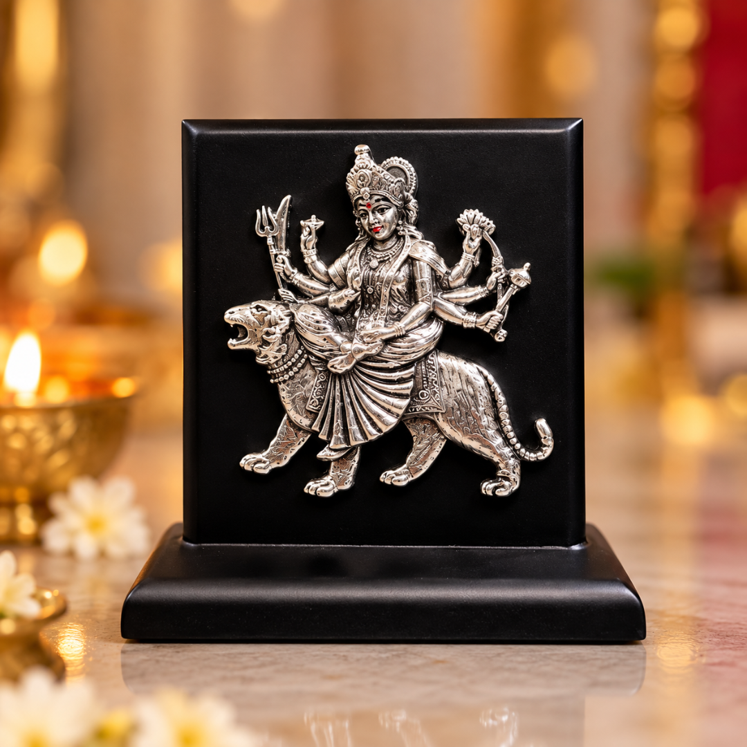 99 Silver Plated Durga Mata Idol with MDF Base in Gift Box, 4 x 4 Inches