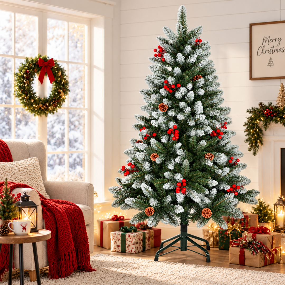 Artificial European Cherry Snow Pine Christmas Tree 6 Feet, Green