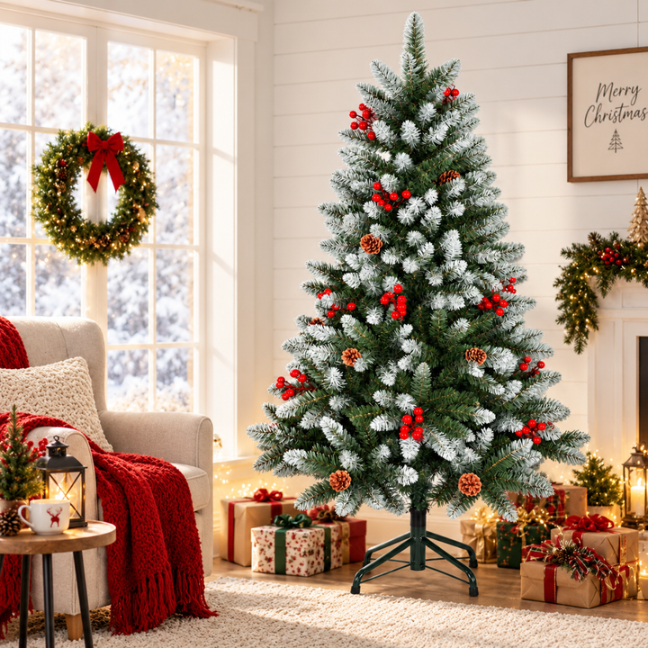 Artificial European Cherry Snow Pine Christmas Tree 6 Feet, Green