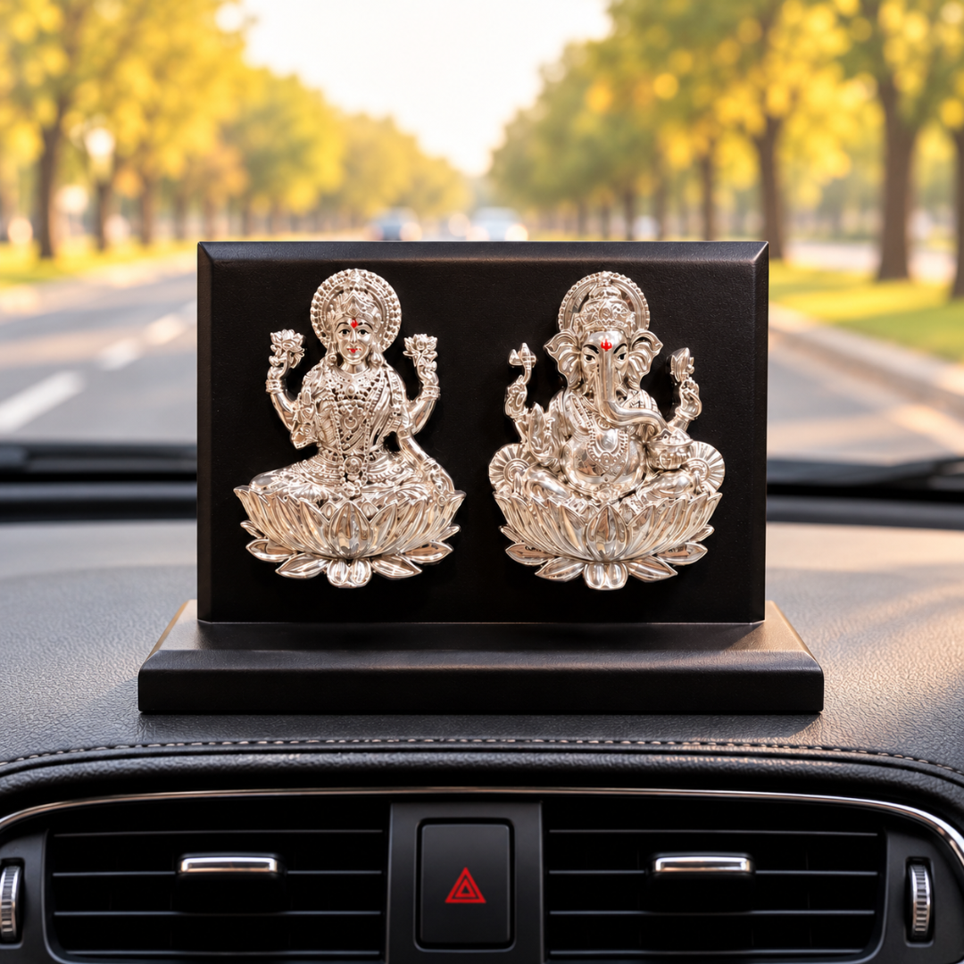 999 Silver Plated Lakshmi Ganesha Idol with MDF Base in Gift Box (4 x 6 Inch)