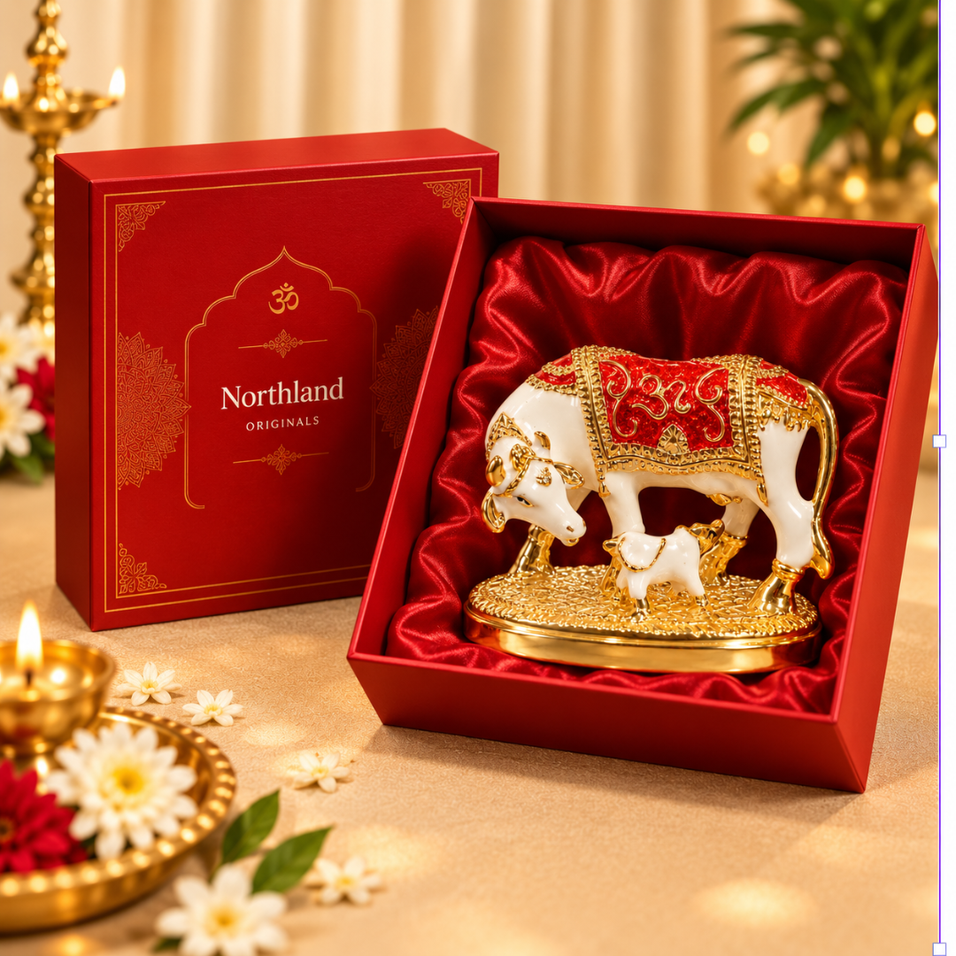 24K Gold Plated Kamdhenu Cow with Calf Idol (3 Inch) in Gift Box