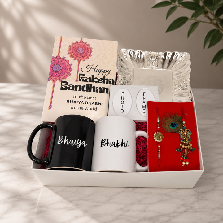 Bhaiya Bhabhi Gift Hamper Box with Greeting Card, Silver Tray , Bhaiya-Bhabhi Mug Set, Photo Frame, Rakhi & Lumba Set