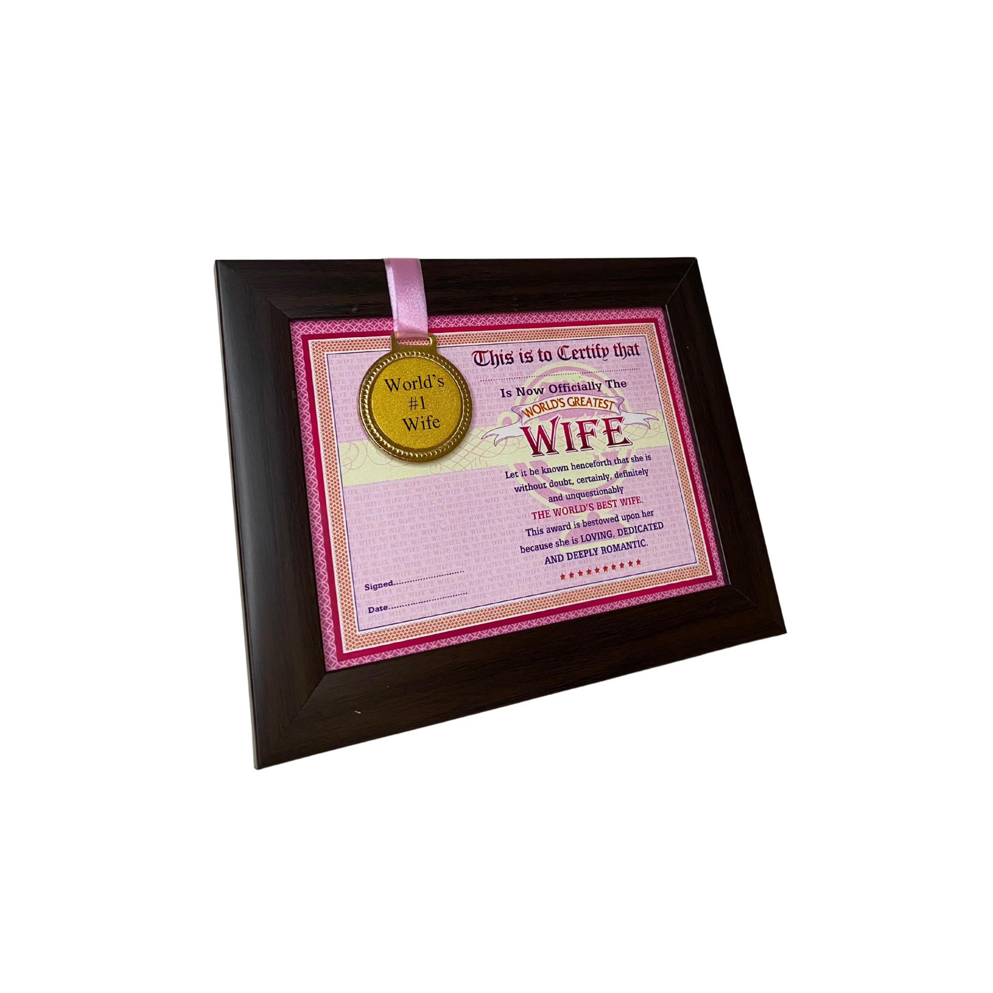 The World's Best Wife Framed Certificate with World's #1 Wife Gold Medal- Unique Gifts for Wife