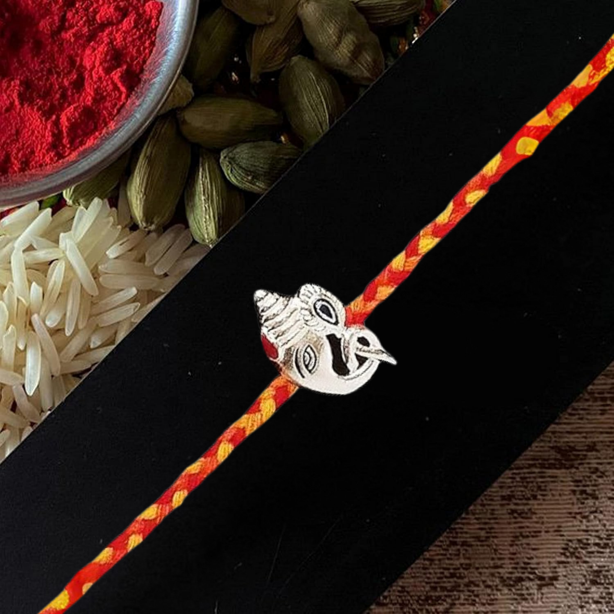 Ganesha Silver Rakhi with Roli Chawal and Greeting Card For Brother Bro Bhaiya Bhai Rakhi Gift