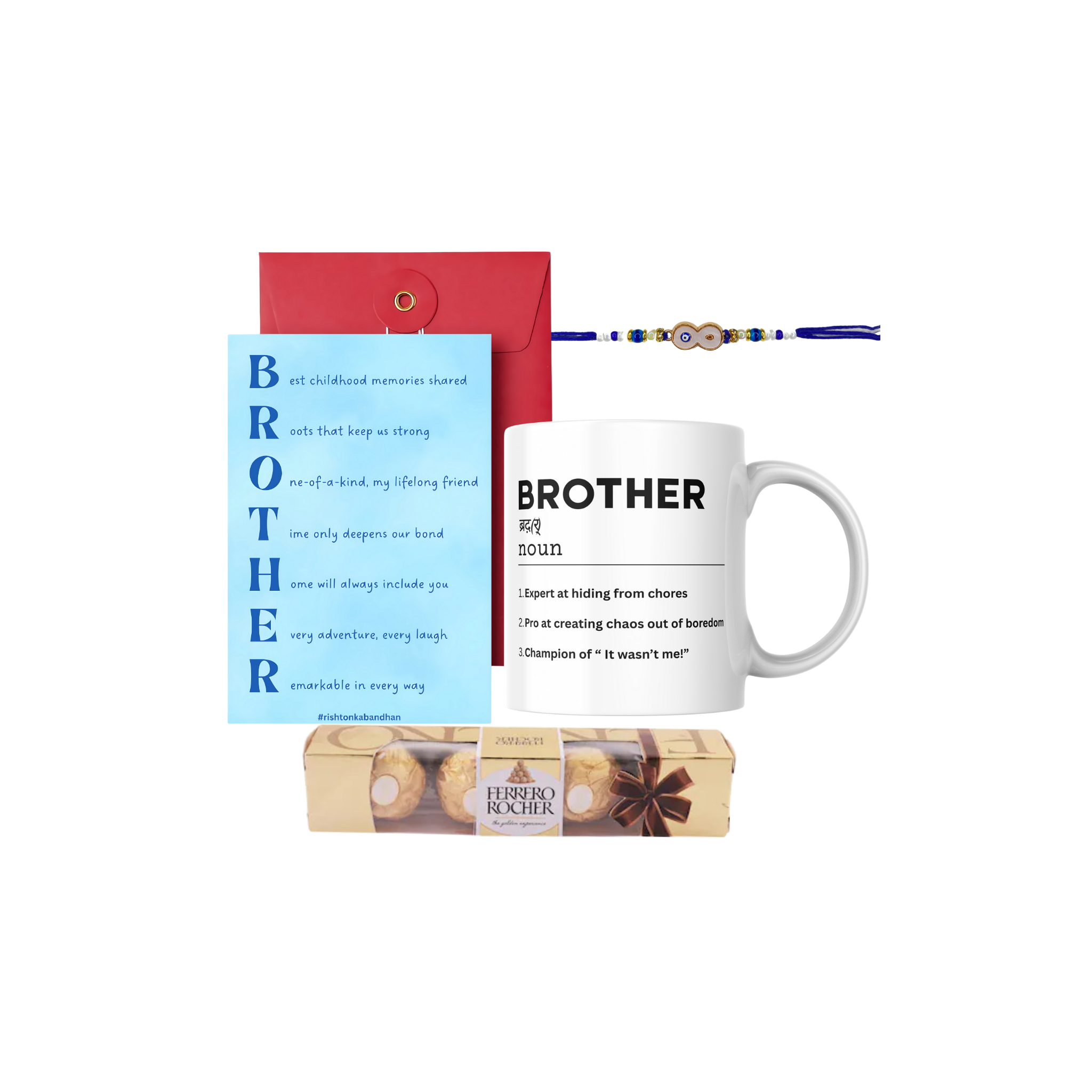Rakshabandhan Gift Combo for Brother with Evil Eye Rakhi, Greeting Card, Customize Coffee Mug with Name