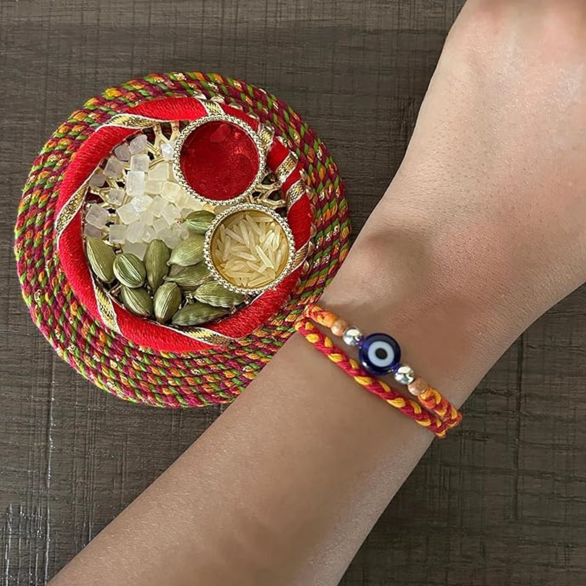 Evil Eye Silver Rakhi with Roli Chawal and Greeting Card for Brother