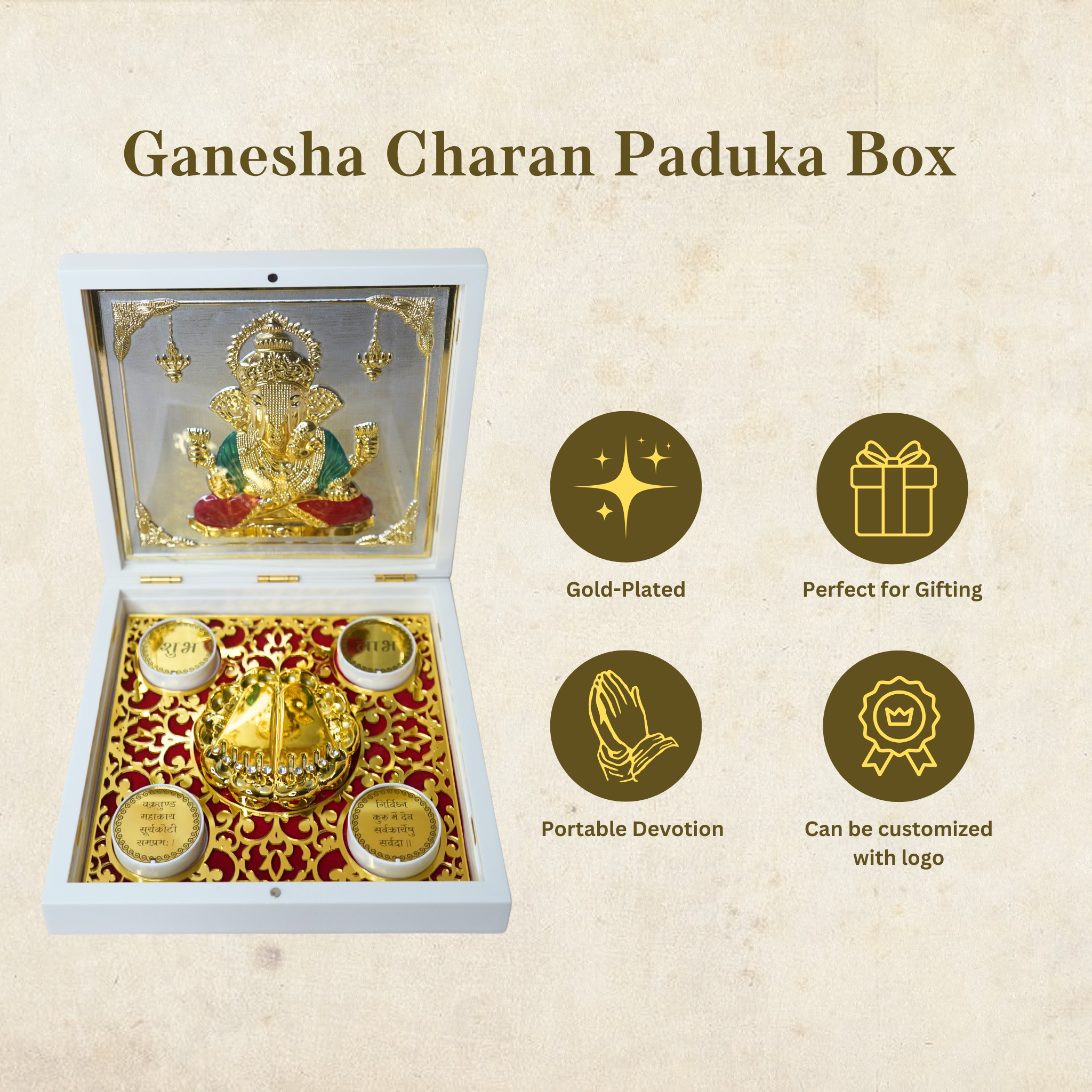 24KT Gold Plated Ganesha Idol with Charan Paduka for Puja and Gifting - Birthday, Anniversary, Diwali - 7 x 7 inches | Pocket Temple Ganesh