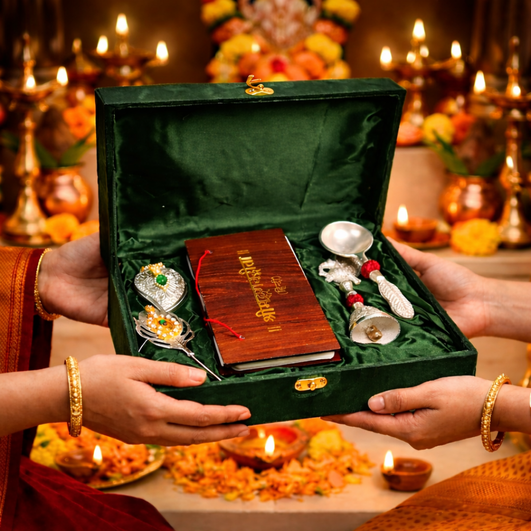 Luxury Bhagwat Geeta Silver-Plated Gift Hamper in Velvet Box with Wooden Bhagwat Geeta & 4 Silver-Plated Pooja Items