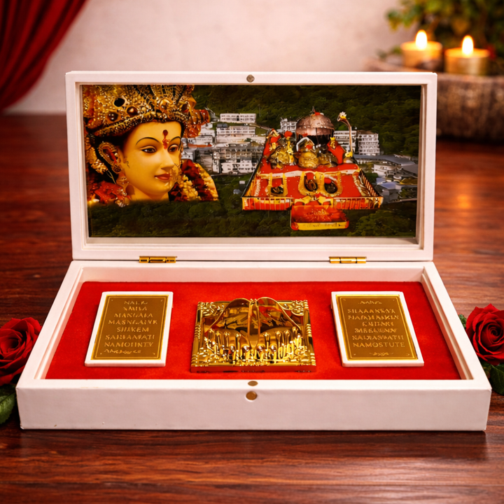 Gold Plated Mata Vaishno Devi Figurine in Charan Paduka Box with Chandan Fragrance