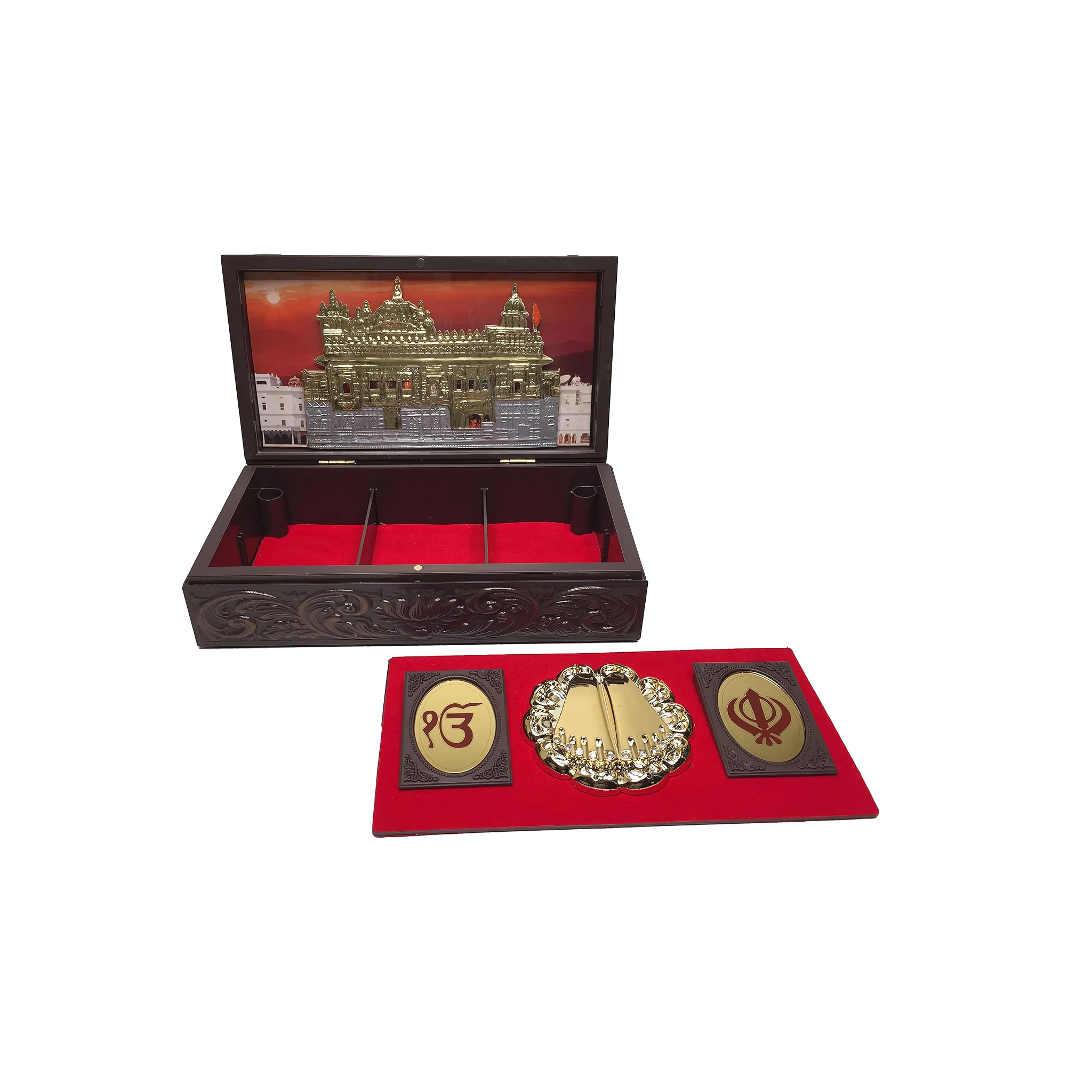 Gold Plated Satnam Shree Waheguru Godlen Temple Figurine in Decorative Box with Chandan Fragrance