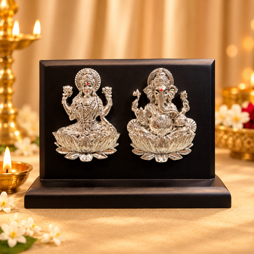 999 Silver Plated Lakshmi Ganesha Idol with MDF Base in Gift Box (4 x 6 Inch)