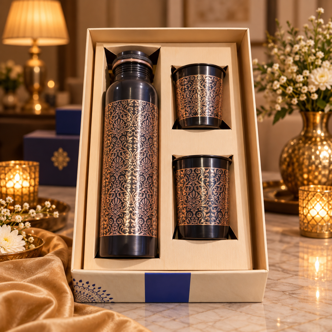 Intricate Traditional Floral Damask Design Pure Copper Water Bottle with 2 Glasses