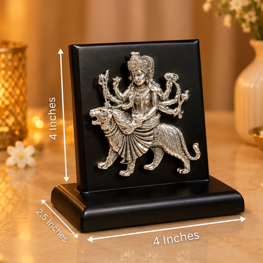 99 Silver Plated Durga Mata Idol with MDF Base in Gift Box, 4 x 4 Inches