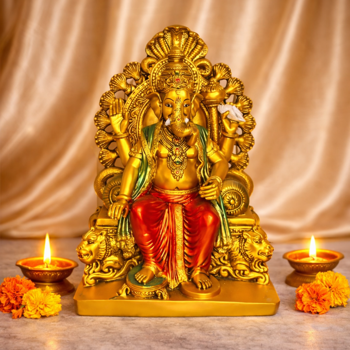 Big Brass Look Lal Bagh Ganesha Idol for Home Décor & Mandir – 15 Inch Large (Resin)
