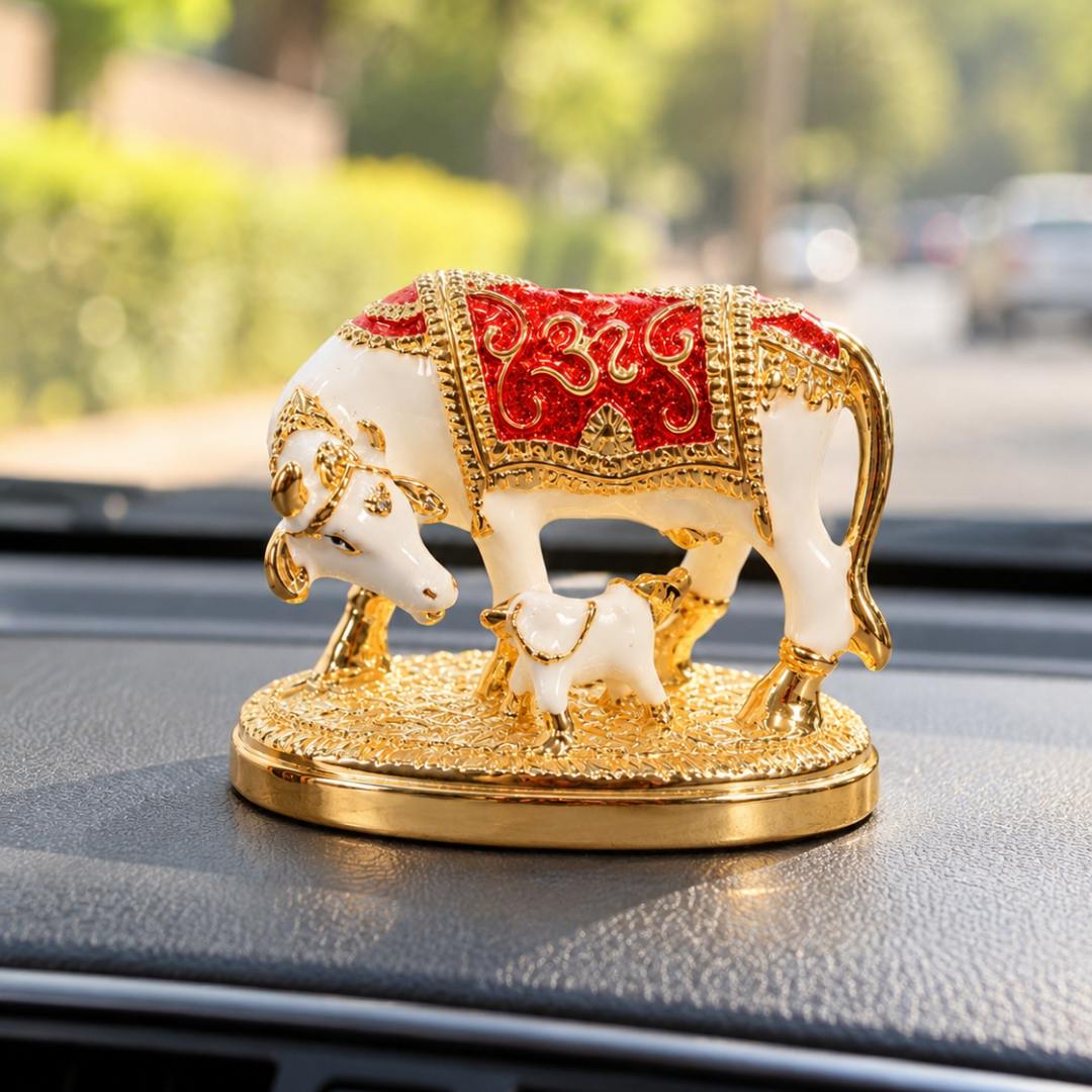 24K Gold Plated Kamdhenu Cow with Calf Idol (3 Inch) in Gift Box
