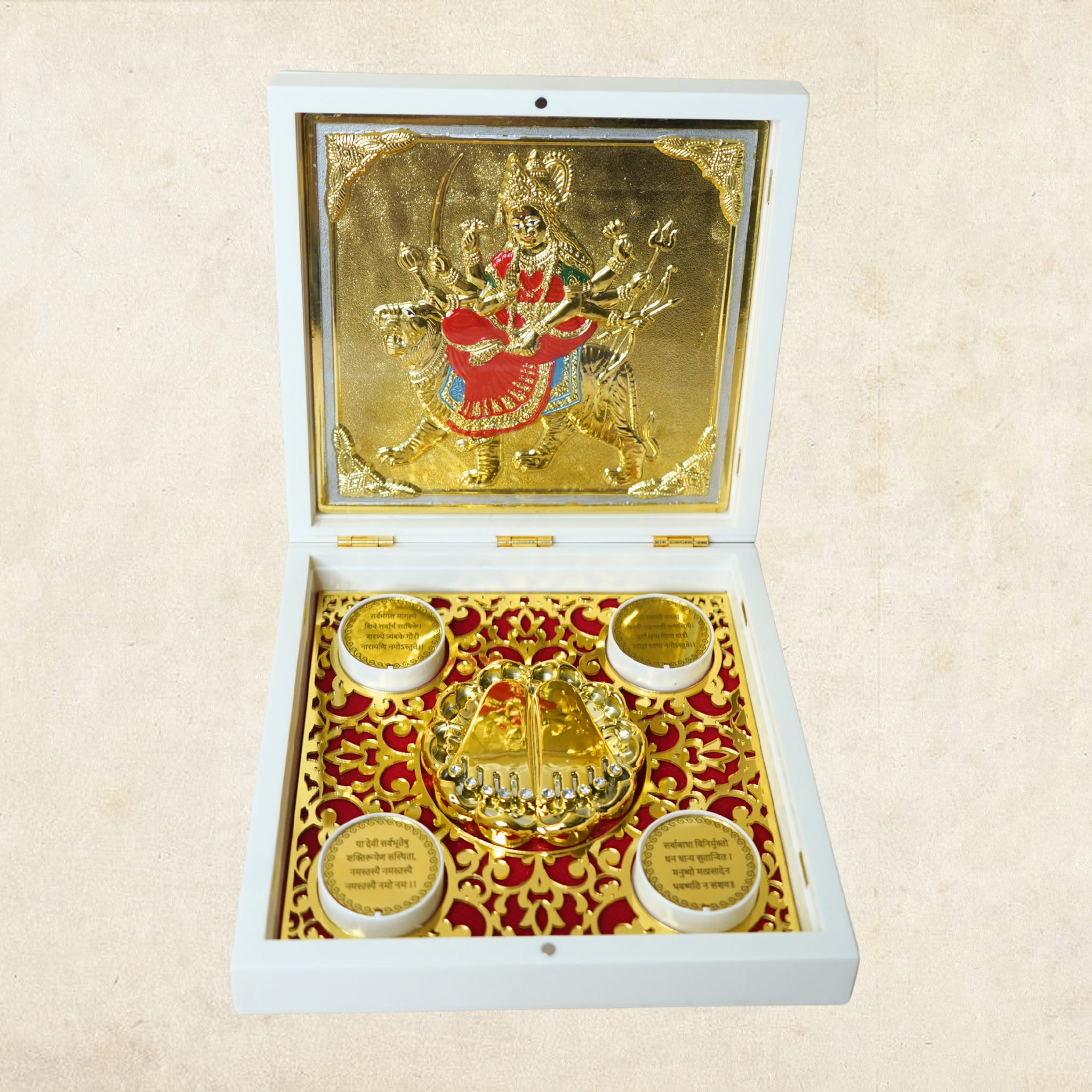 24KT Gold Plated Amba MATA Idol with Charan Paduka for Puja and Gifting - Birthday, Anniversary, Diwali Gift - 7 x 7 Inches | Pocket Temple Ambe Mataji Idol