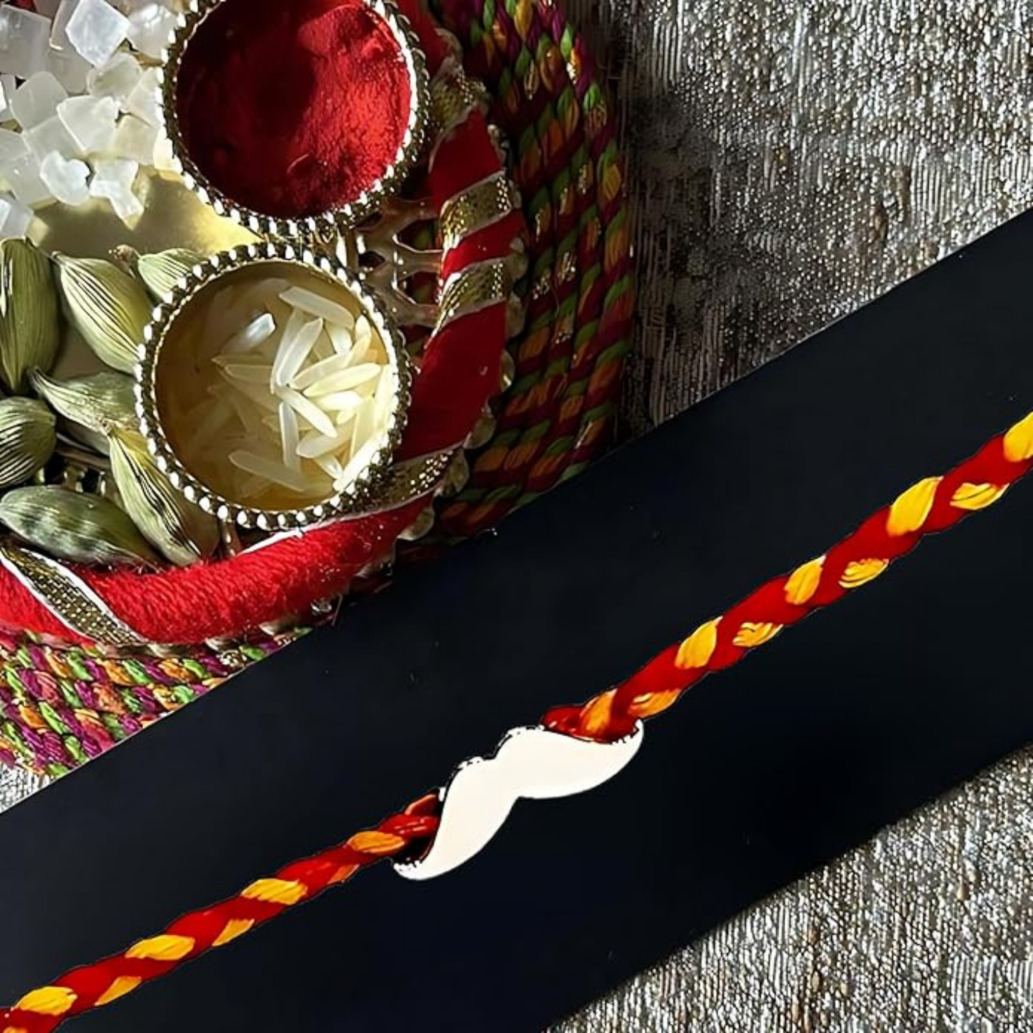 Mustache Silver Rakhi Bracelet Set with Roli Chawal and Greeting Card for Brother Bro Bhaiya Bhai