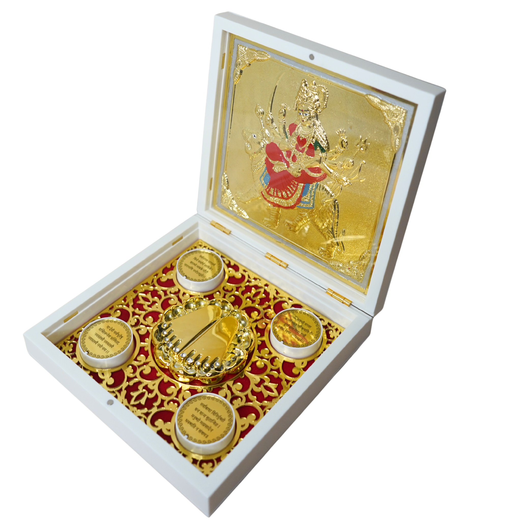 24KT Gold Plated Amba MATA Idol with Charan Paduka for Puja and Gifting - Birthday, Anniversary, Diwali Gift - 7 x 7 Inches | Pocket Temple Ambe Mataji Idol