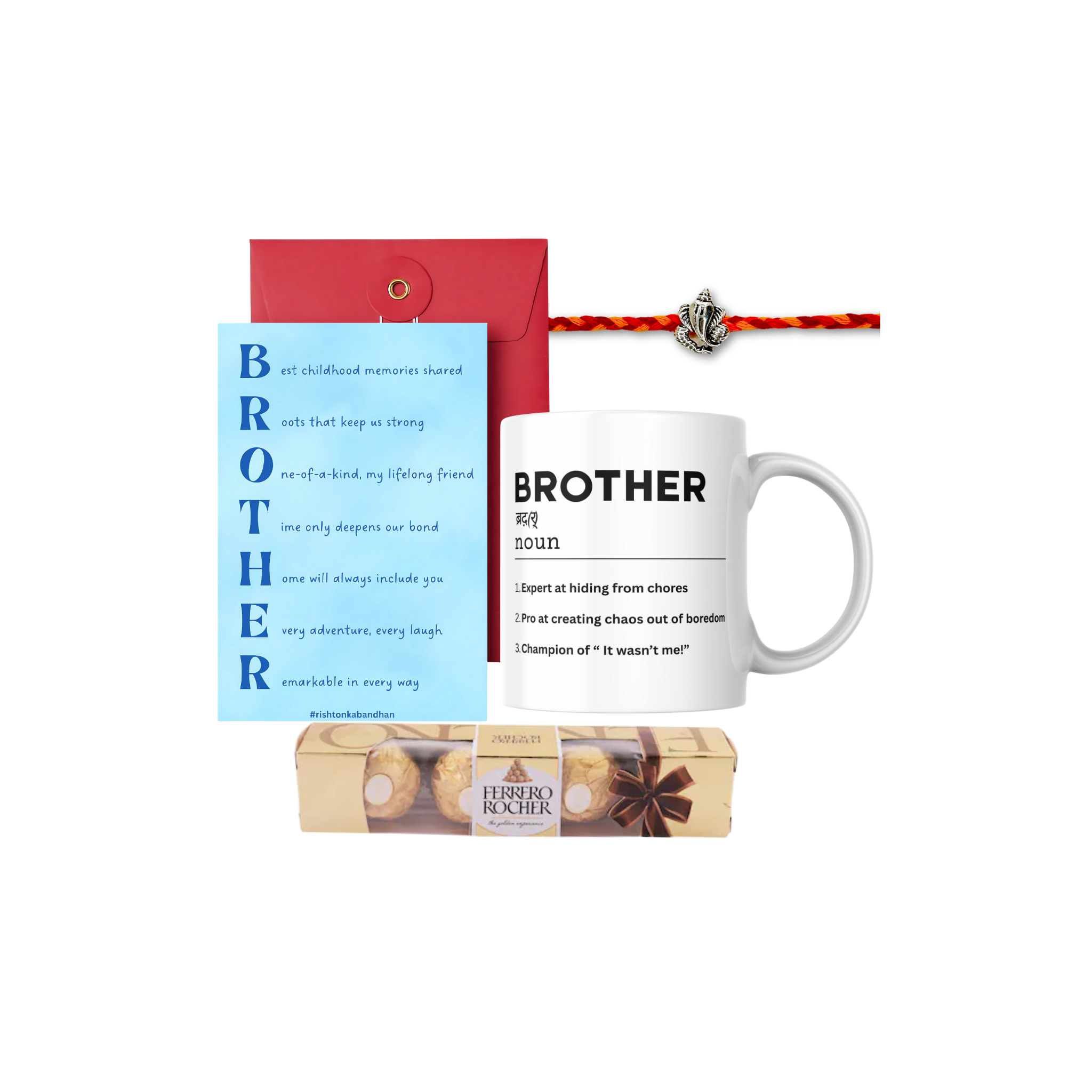 Raksha Bandan Gift Combo for Brother with Silver Rakhi Greeting Card Customize Coffee Mug with Name Rakshabandan Gifts for Brother