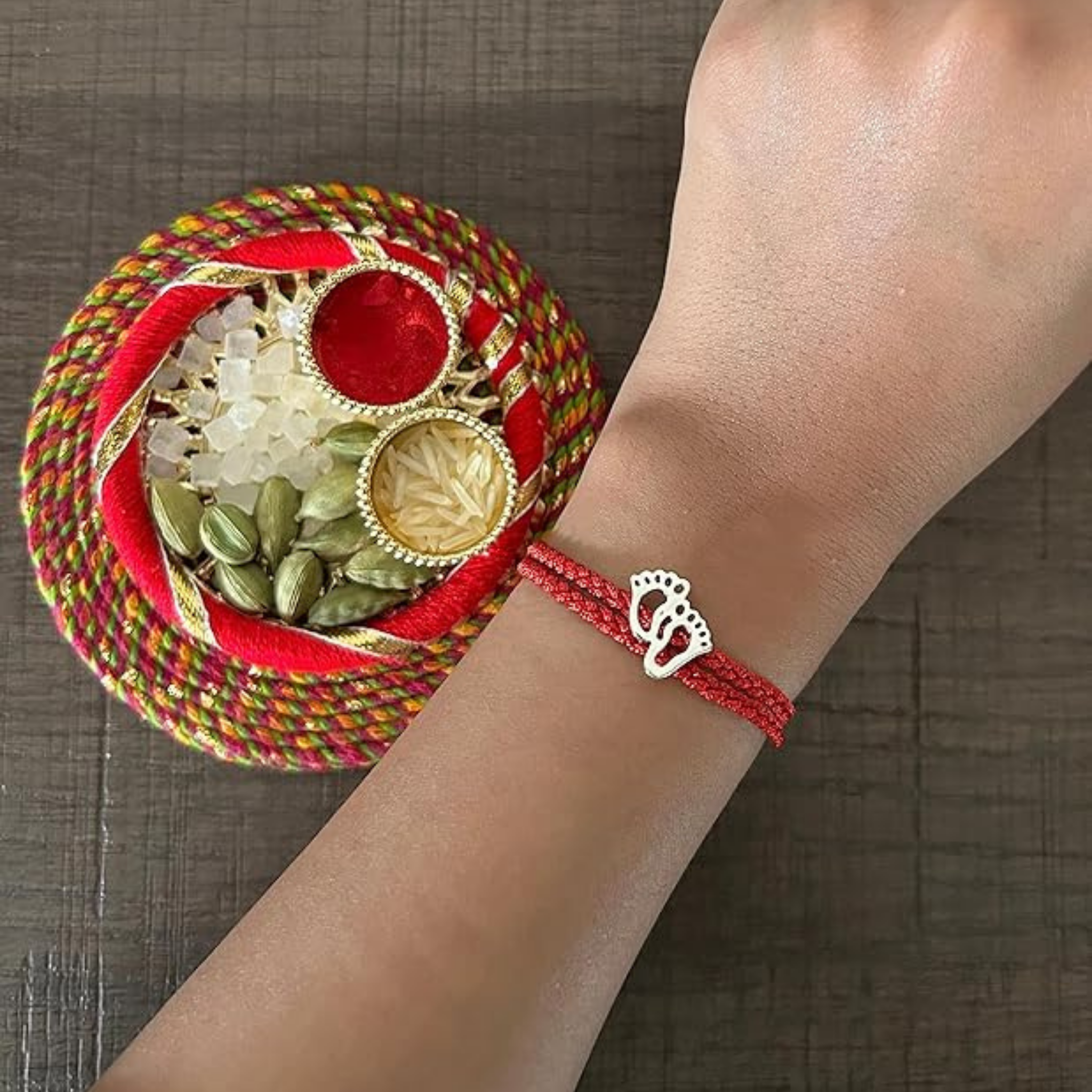 Happy Rakhi Greeting Card with Feet Shape of Bal Kirshna Silver Rakhi for Brother