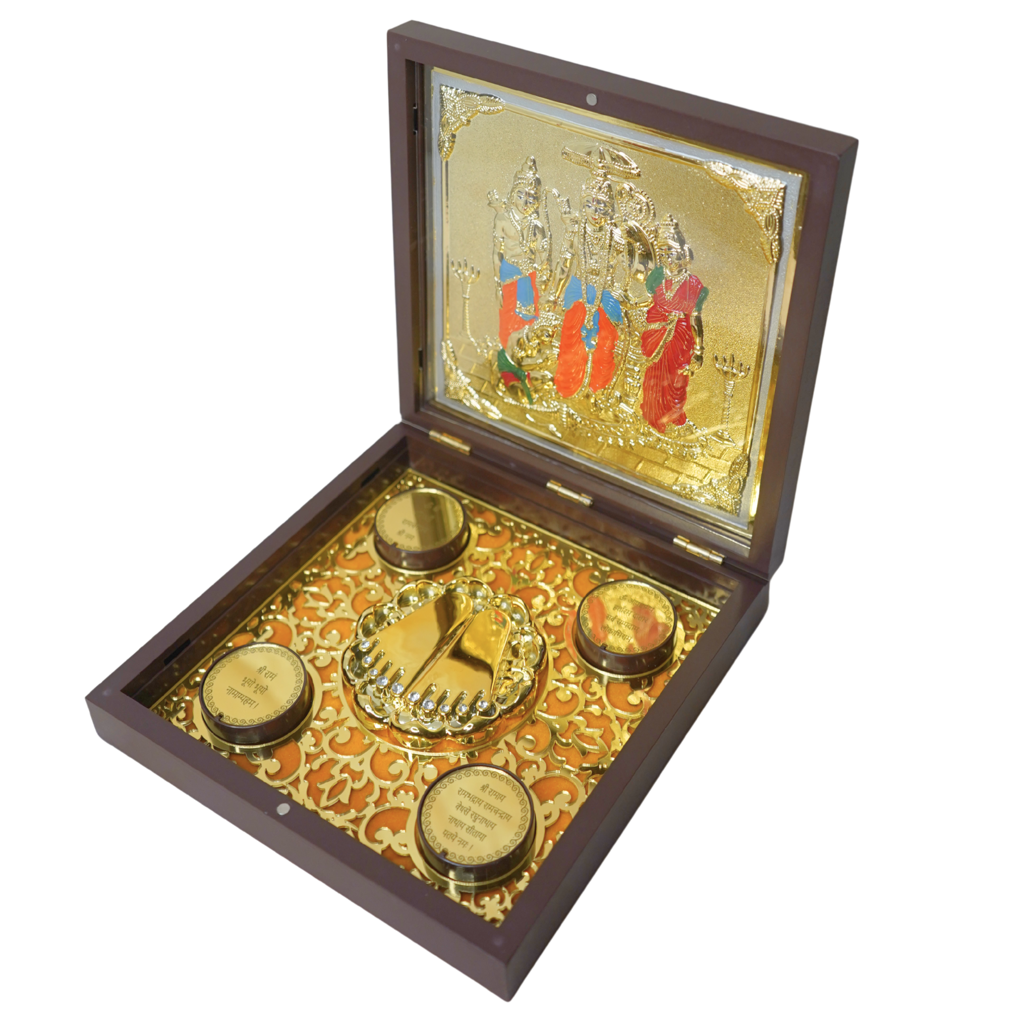 24KT Gold Plated Ram Darbar Idol Murti Statue Showpiece with Charan Paduka for Puja and Gifting - Birthday, Anniversary, Diwali Gift | 7 Inches | Pocket Temple | Ram Darbar Idol for Gifts