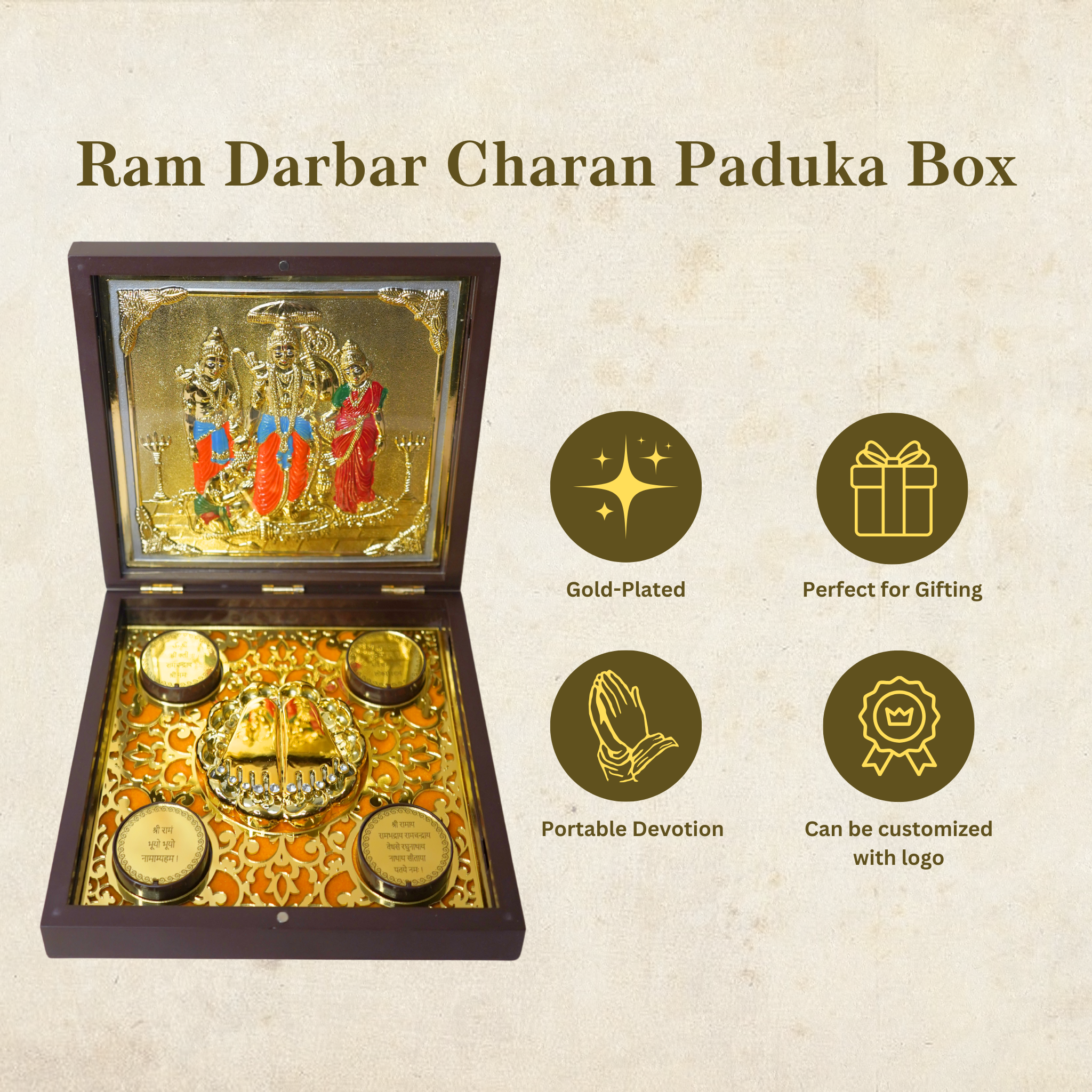 24KT Gold Plated Ram Darbar Idol Murti Statue Showpiece with Charan Paduka for Puja and Gifting - Birthday, Anniversary, Diwali Gift | 7 Inches | Pocket Temple | Ram Darbar Idol for Gifts