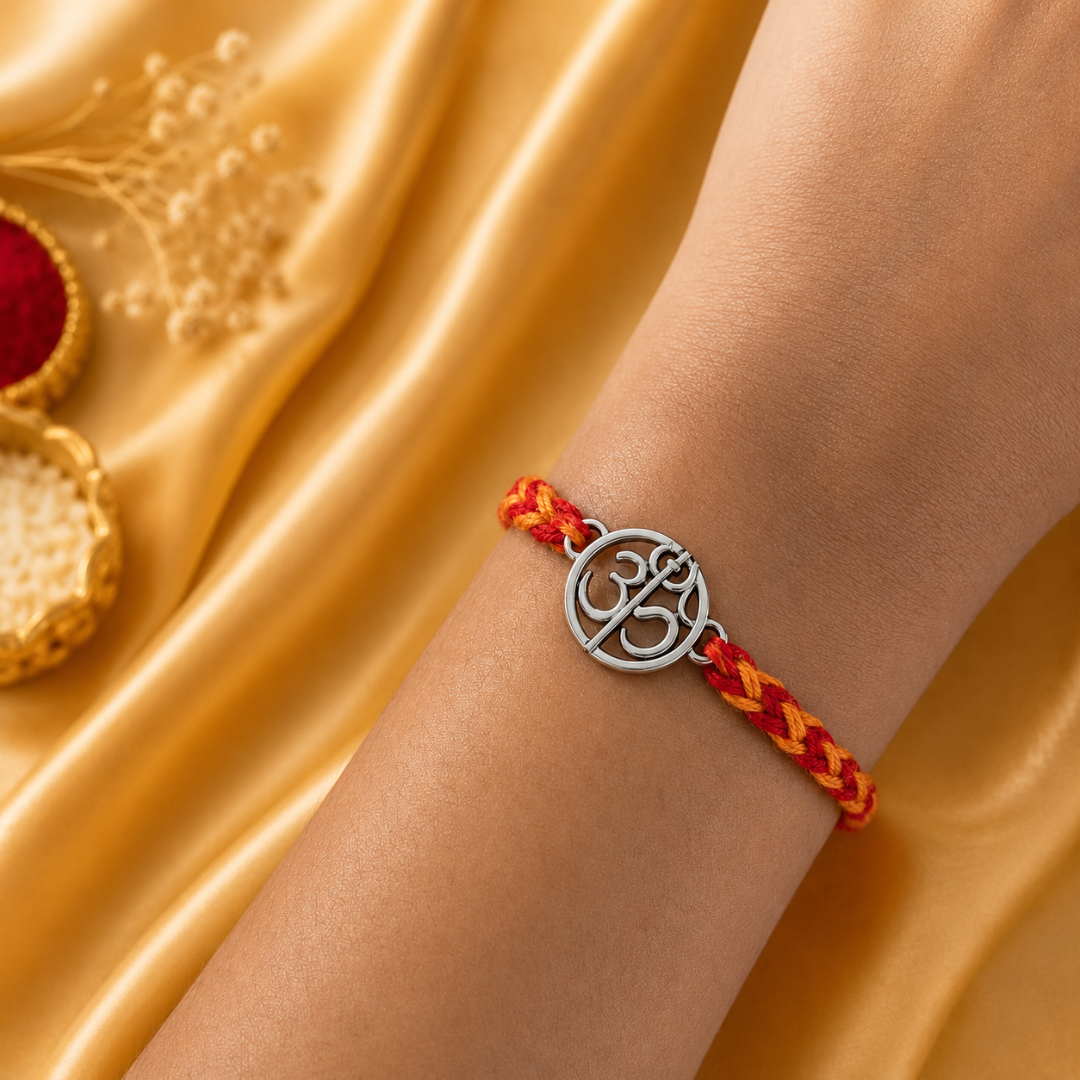 Om Trishul Silver Rakhi for Brother Bro Bhaiya Bhai 925 Sterling Silver Rakhi with Roli Chawal and Rakshabandhan Greeting Card