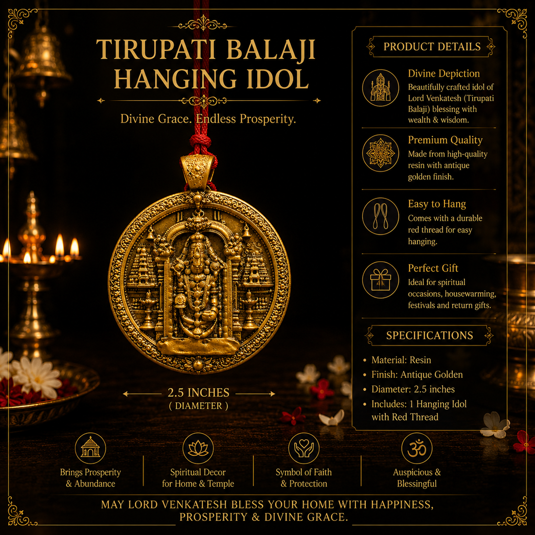Tirupati Balaji Car Hanging with Thread (2.5 Inches, Gold, Resin)