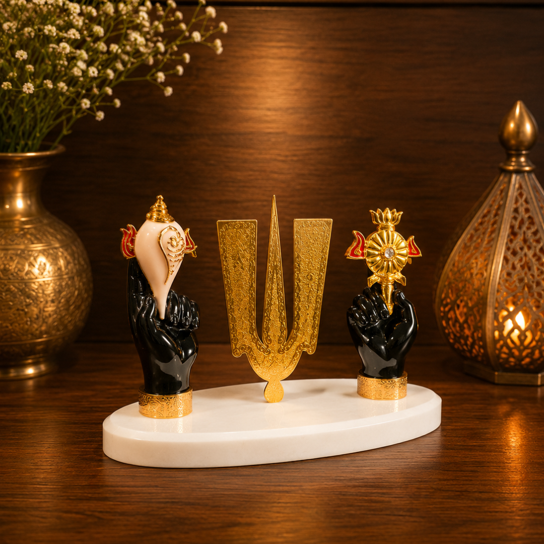 Tirupati Balaji Tilak Idol with Shankha & Chakra Hands on Premium Stone Base for Car Dashboard | Decorative Spiritual Showpiece for Home, Office & Diwali Gift | Resin, Black & Gold, 7 Inch Base