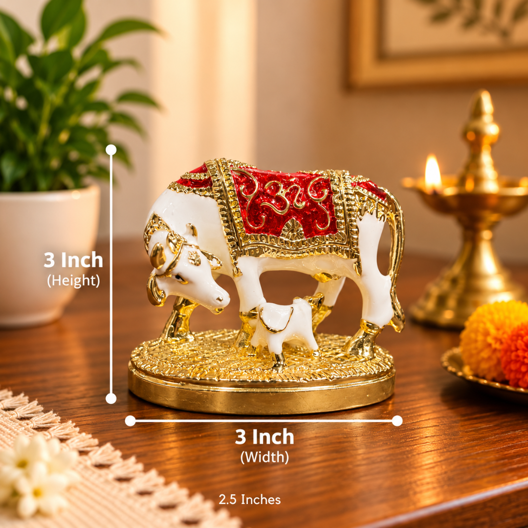 24K Gold Plated Kamdhenu Cow with Calf Idol (3 Inch) in Gift Box