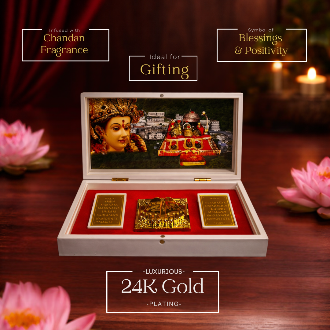 Gold Plated Mata Vaishno Devi Figurine in Charan Paduka Box with Chandan Fragrance
