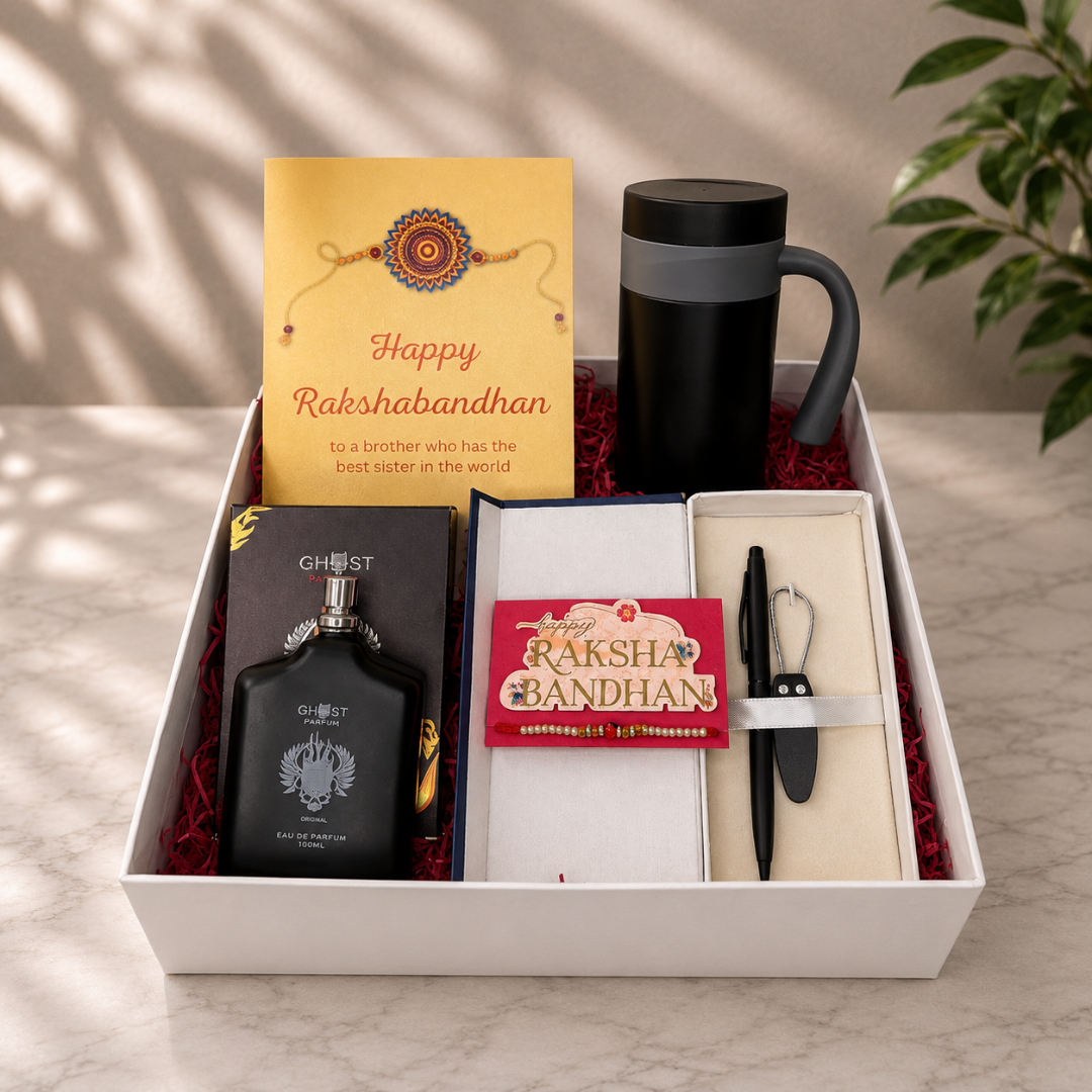 Best Rakshabandhan Hamper Gift Box with Greeting Card, Coffee Mug, Perfume, Pen & Keychain Set, Evil Eye Rakhi